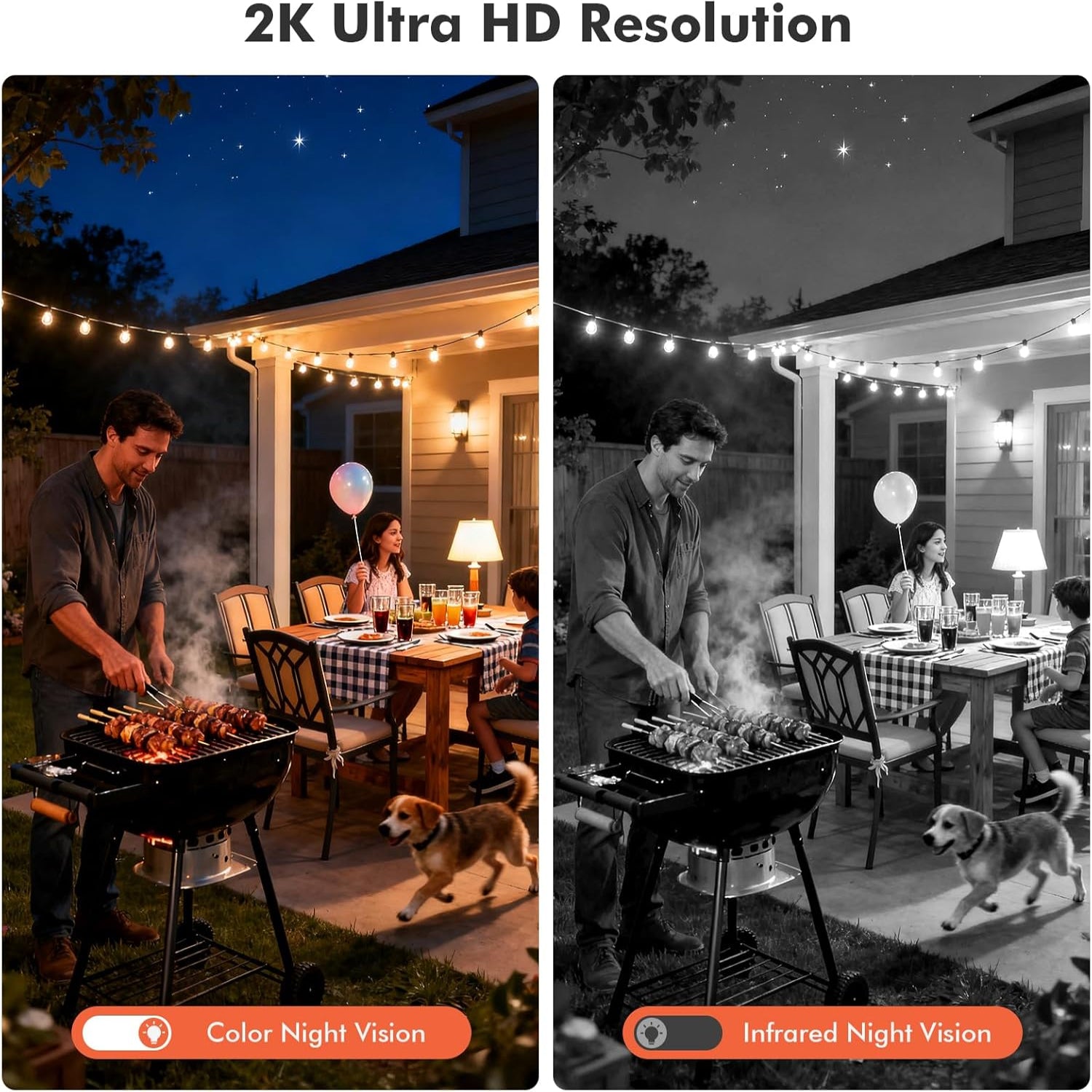 Wireless Dzees Outdoor Camera with 2K resolution, battery-powered WiFi surveillance camera showing camera lens and outdoor mounting.