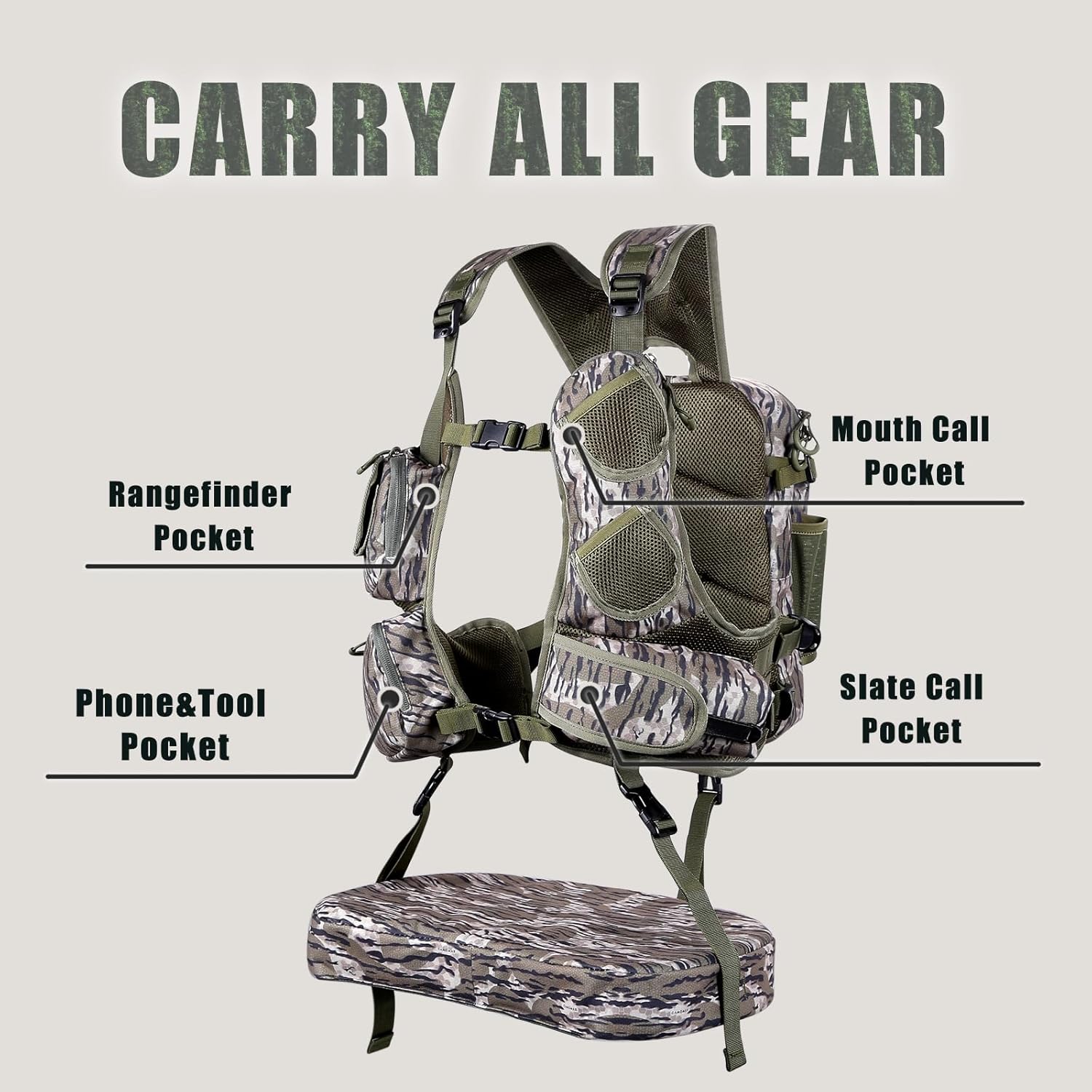 UIIHUNT lightweight turkey hunting vest with seat and game pouch, featuring multiple pockets and adjustable straps for comfort.