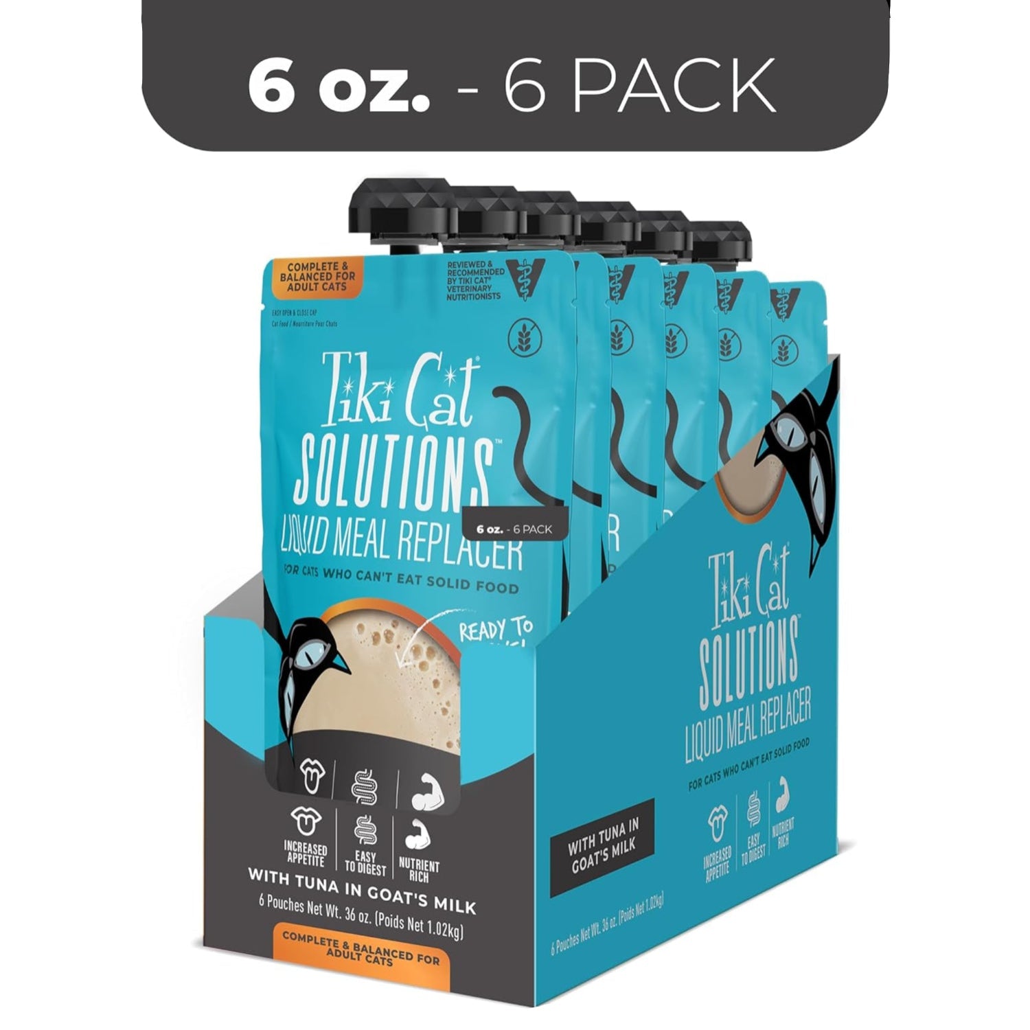 Tiki Cat Solutions liquid cat food with tuna in goat's milk, featuring a can of wet cat food with label and vibrant packaging.