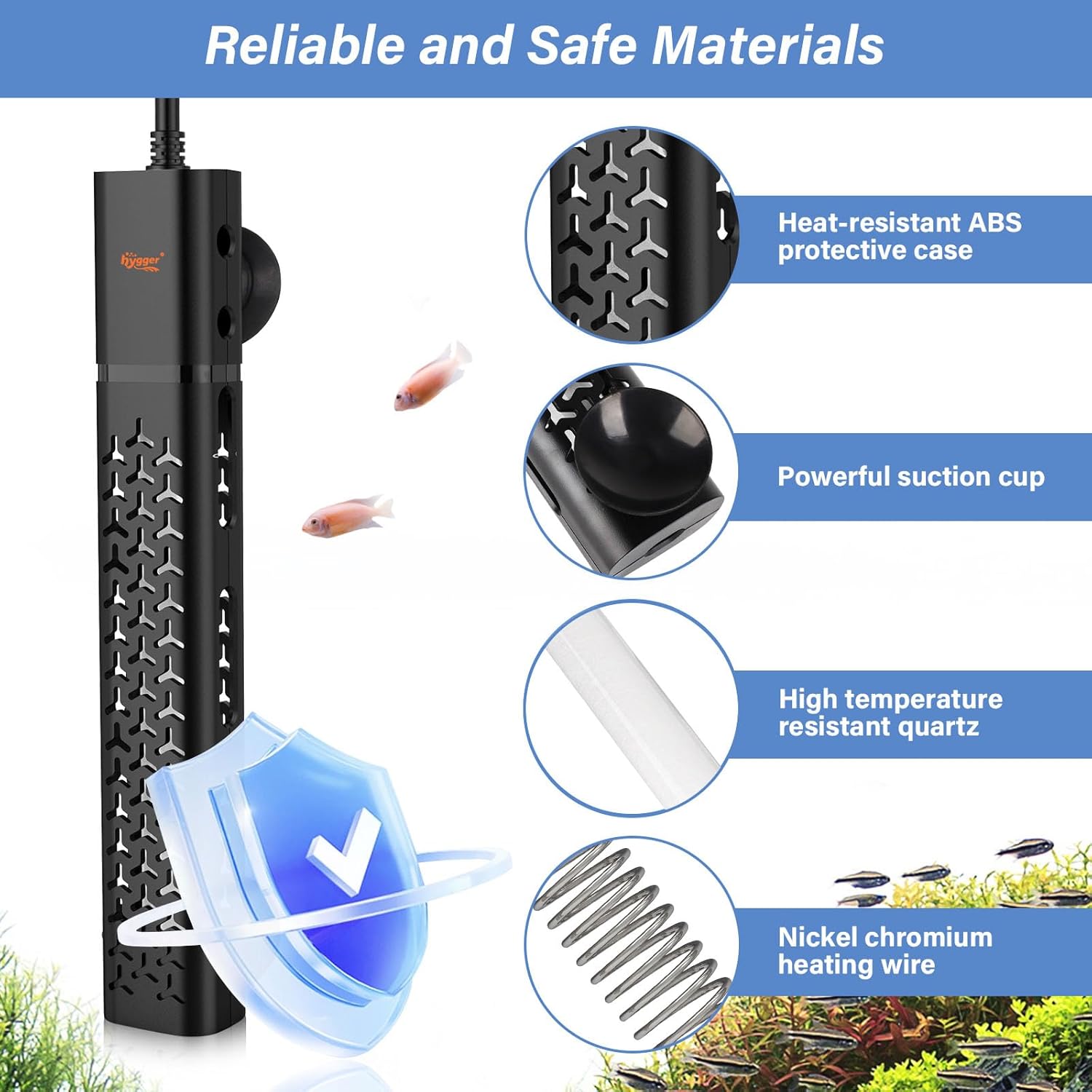 hygger 200w aquarium heater, submersible fish tank heater with adjustable temperature control, shown immersed in fish tank water