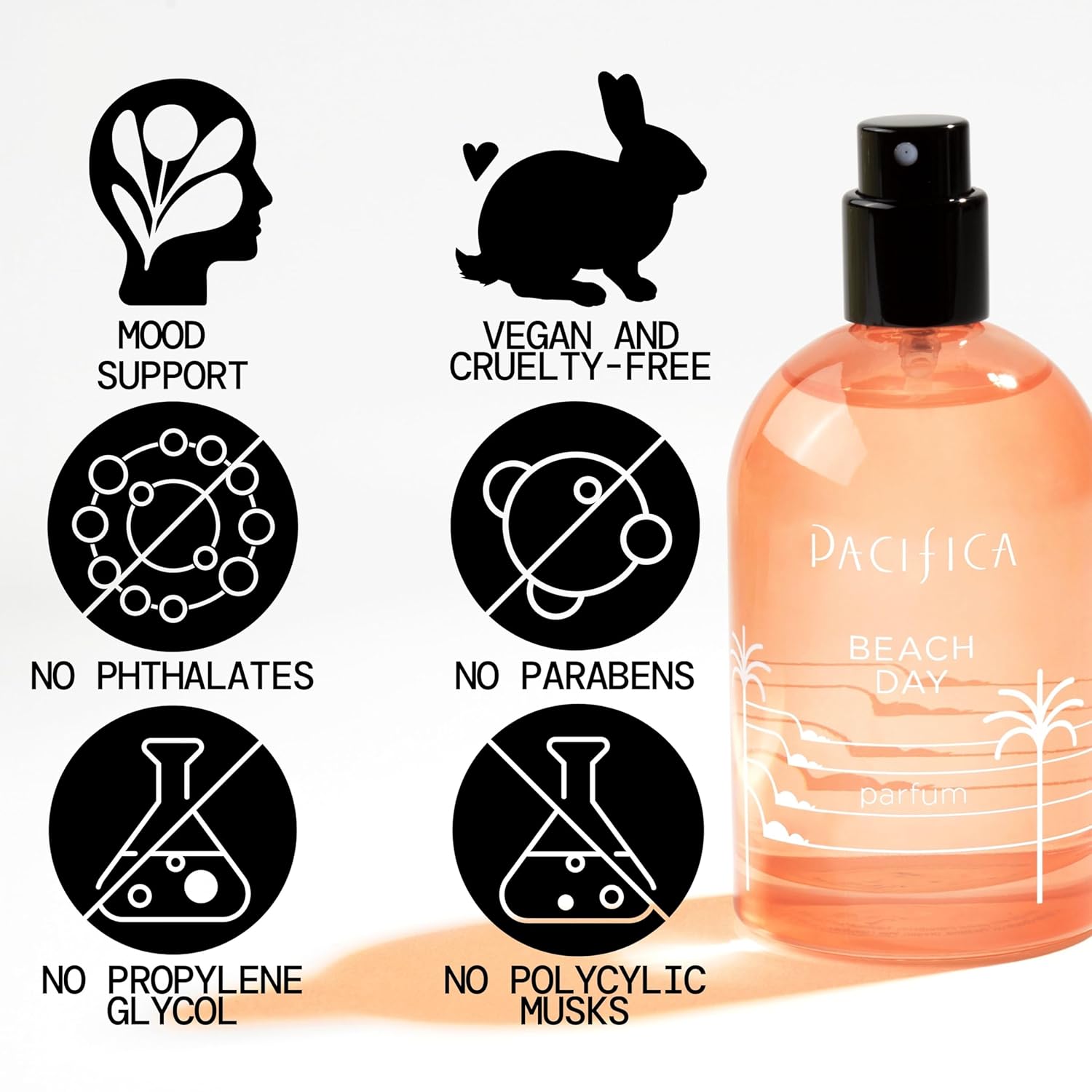 Pacifica Beach Day Spray Perfume bottle with Bliss and Bergamot scent, featuring a light, refreshing fragrance design.
