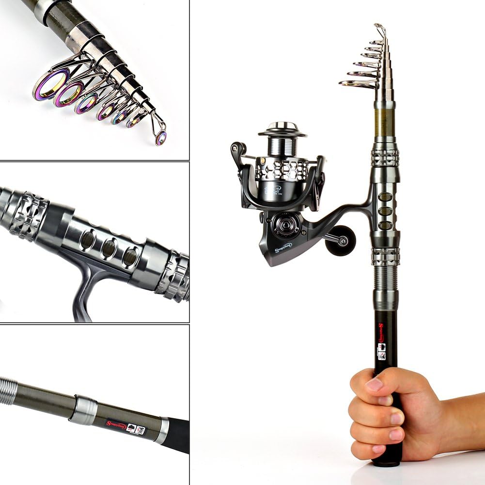 Sougayilang fishing rod reel combo with telescopic fishing pole and spinning reel in a carrier bag for saltwater and freshwater fishing.