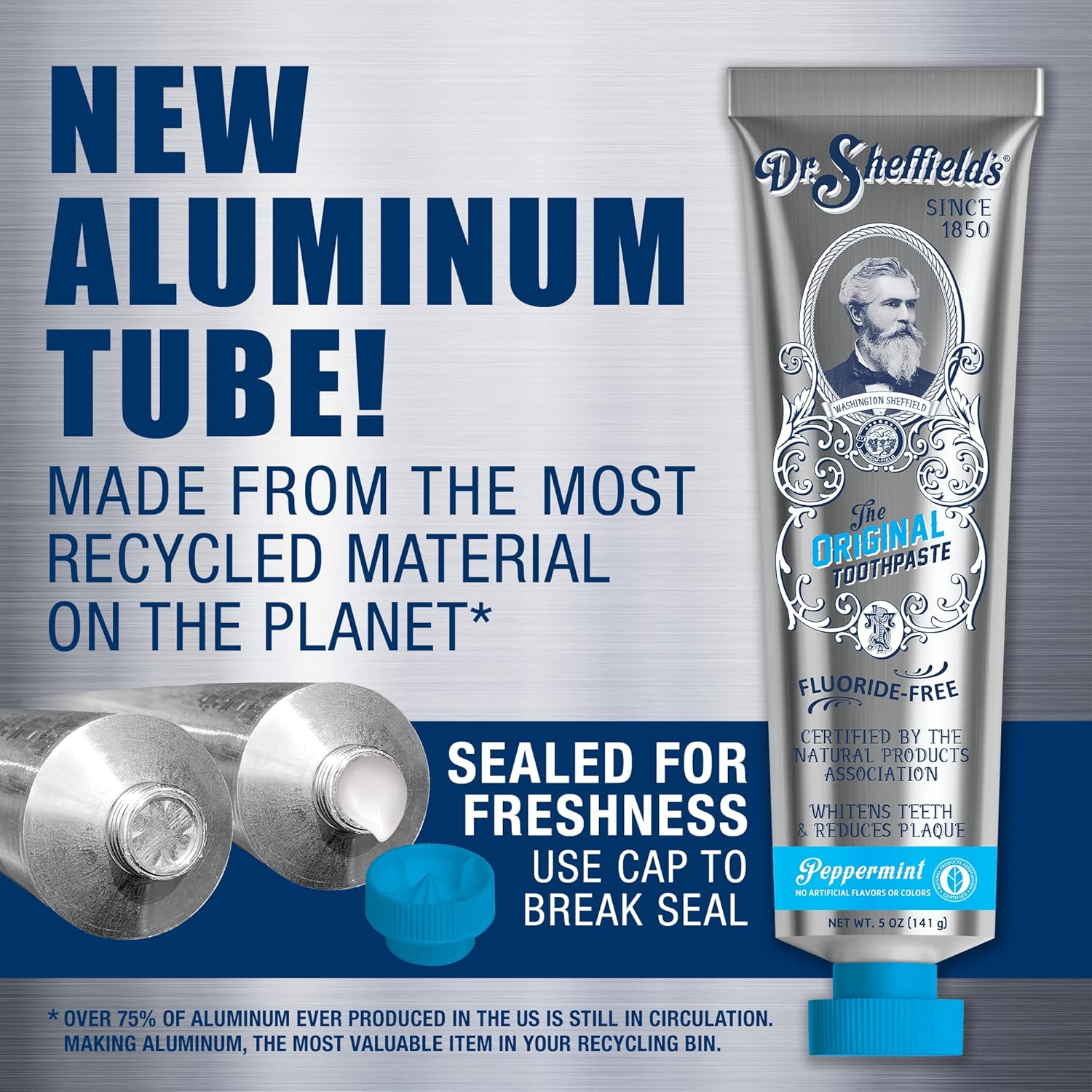 Dr. Sheffield’s Certified Natural Peppermint Toothpaste in a tube, fluoride-free, with a fresh peppermint flavor.
