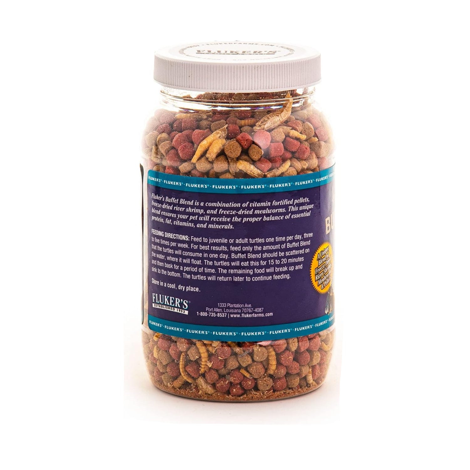 Fluker's Buffet Blend aquatic turtle food with freeze-dried shrimp in a resealable bag for healthy pet nutrition