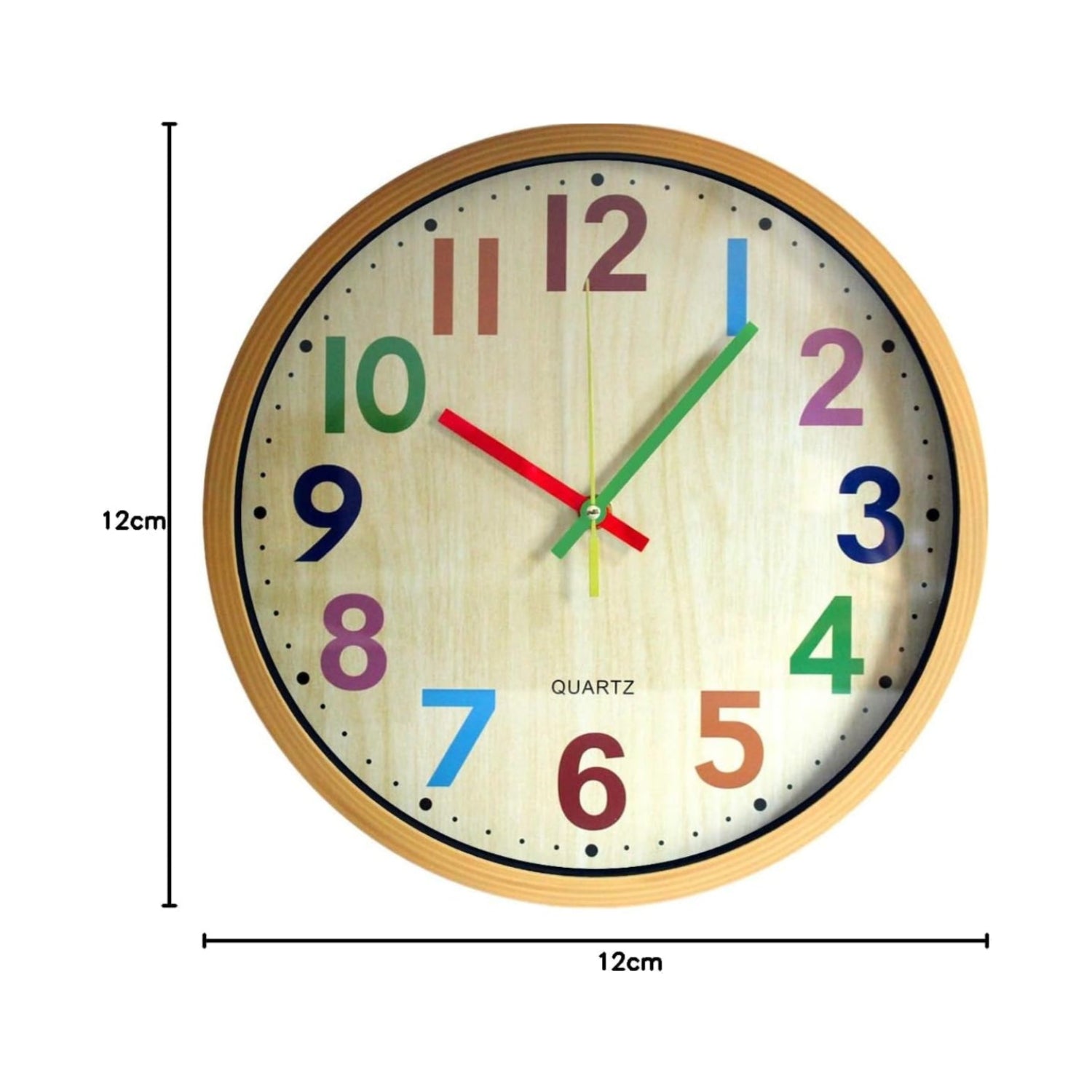 Colorful 12-inch TOHOOYO wall clock with easy-to-read numbers, silent movement, and battery operation, showcasing a vibrant design.