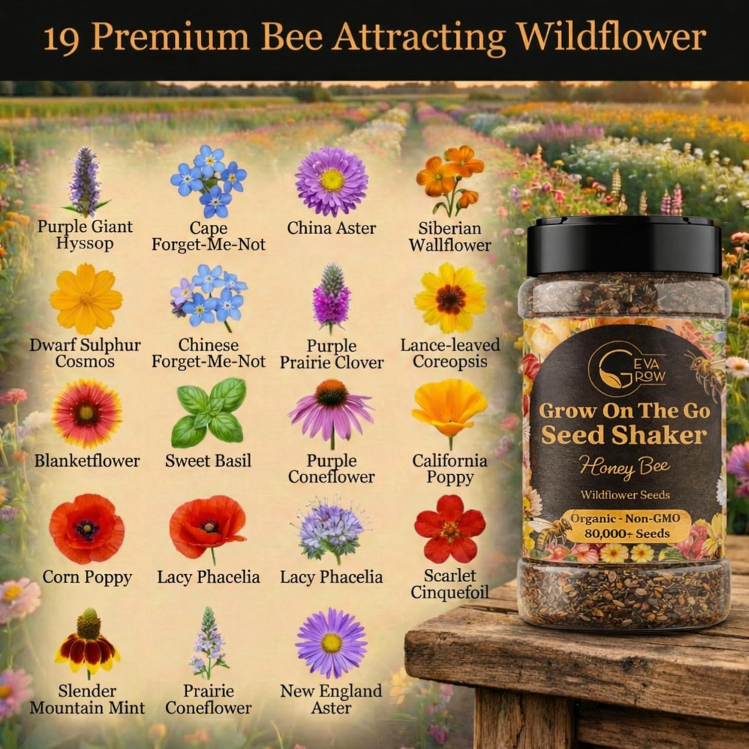 Seed shaker with bee-attracting wildflower seeds and illustrations of flowers on a field background.