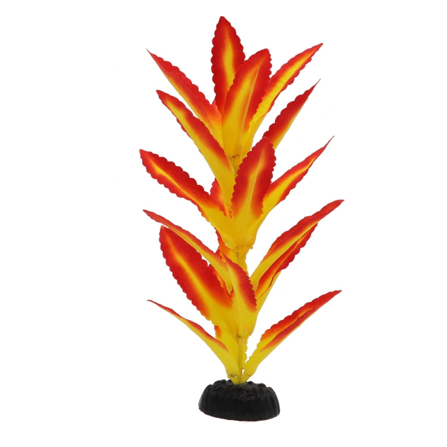 Artificial aquarium plant with red and yellow leaves on a white background