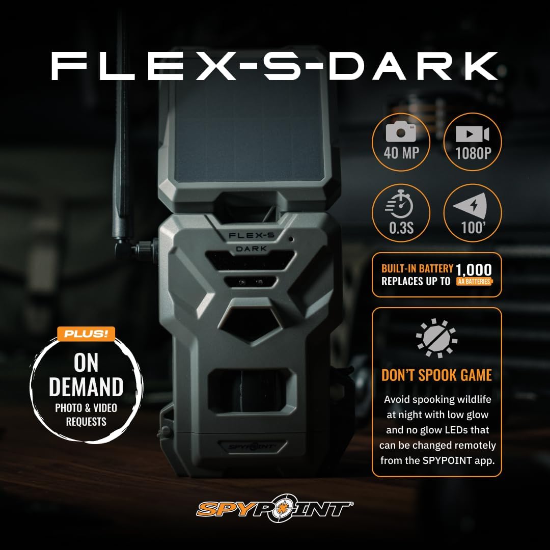 SPYPOINT Flex-S-Dark solar cellular trail camera with SD card, showcasing its compact design and lens for wildlife monitoring.