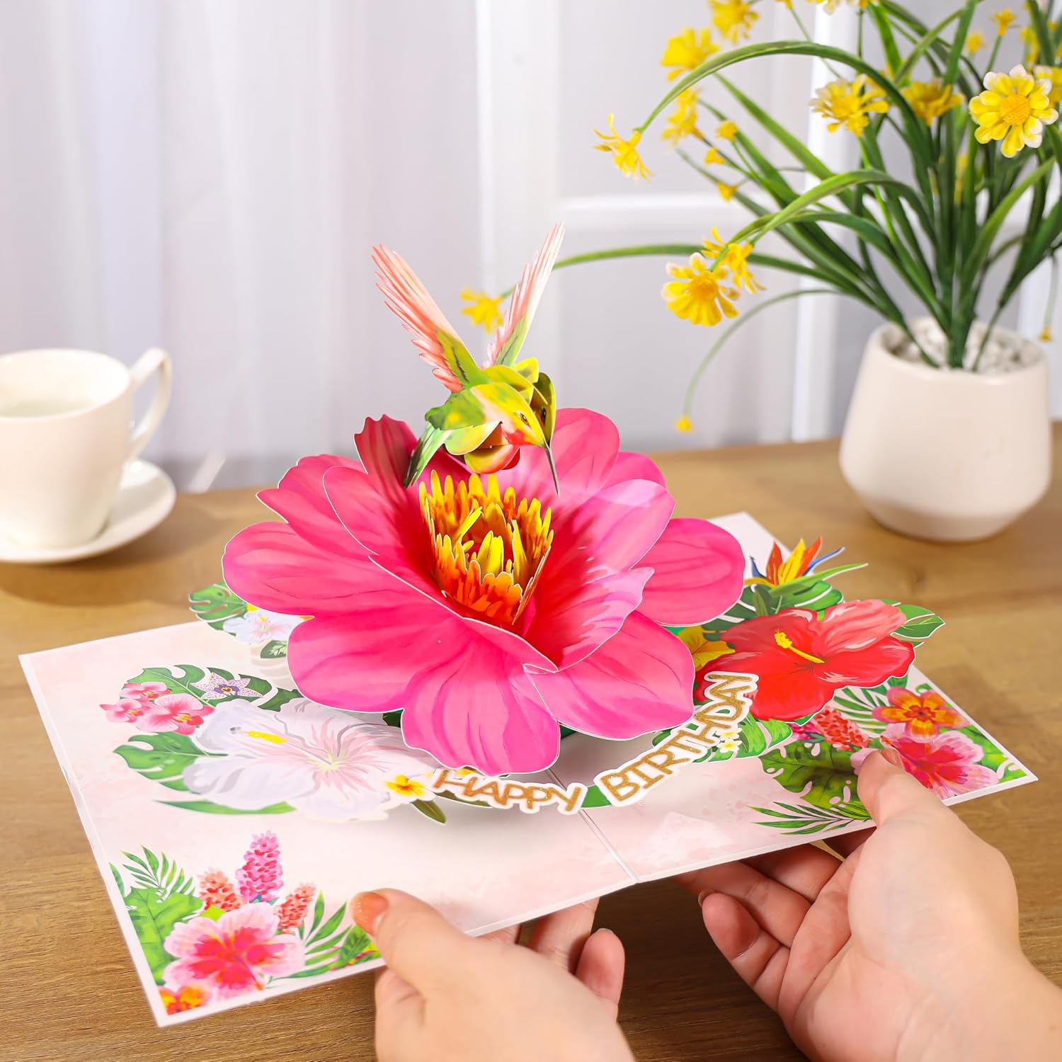 SISTIMON hummingbird pop-up birthday card for women featuring a colorful hummingbird perched on flowers, intricate and vibrant design