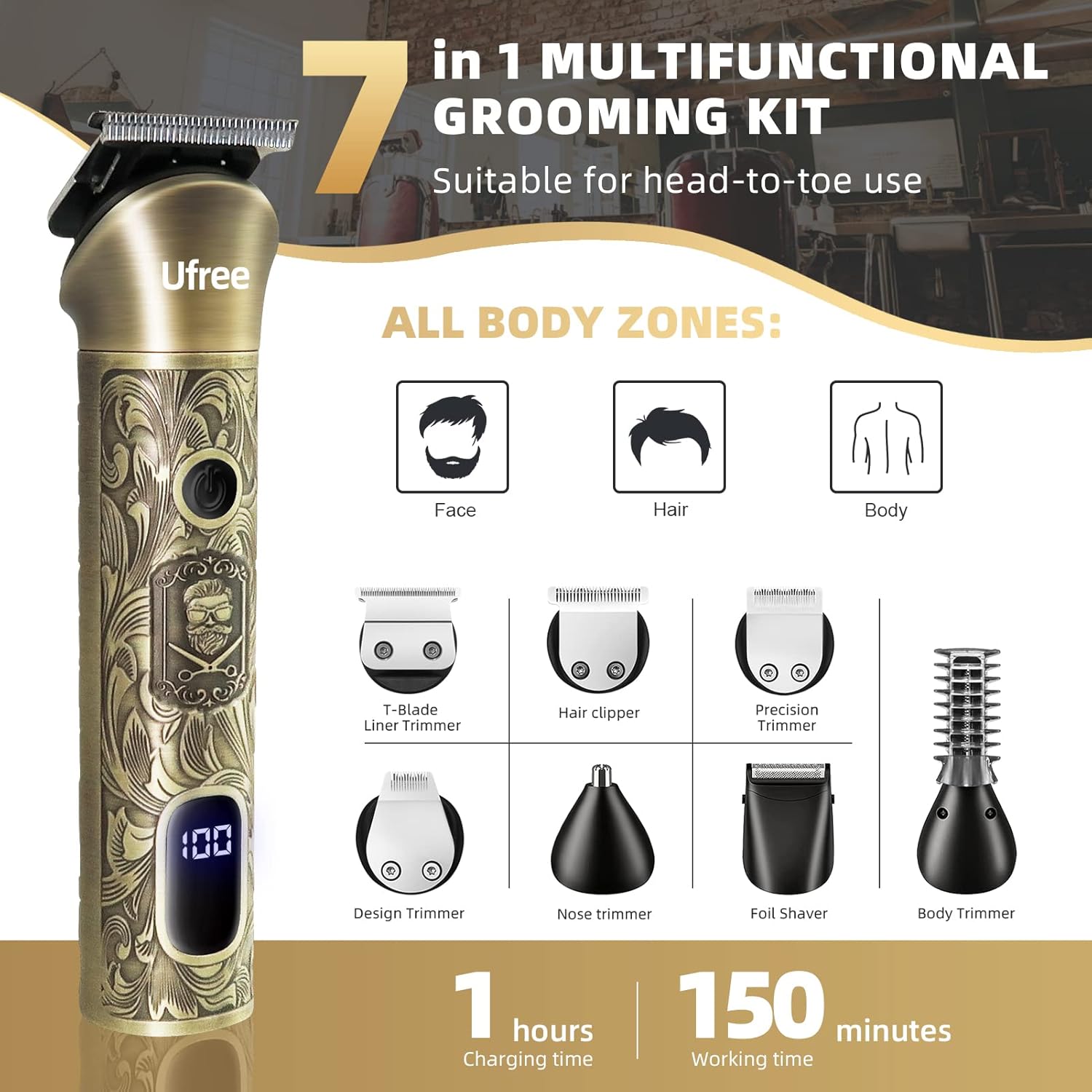 Ufree cordless beard trimmer and electric shaver with adjustable blade for men, shown with grooming attachments and sleek design.