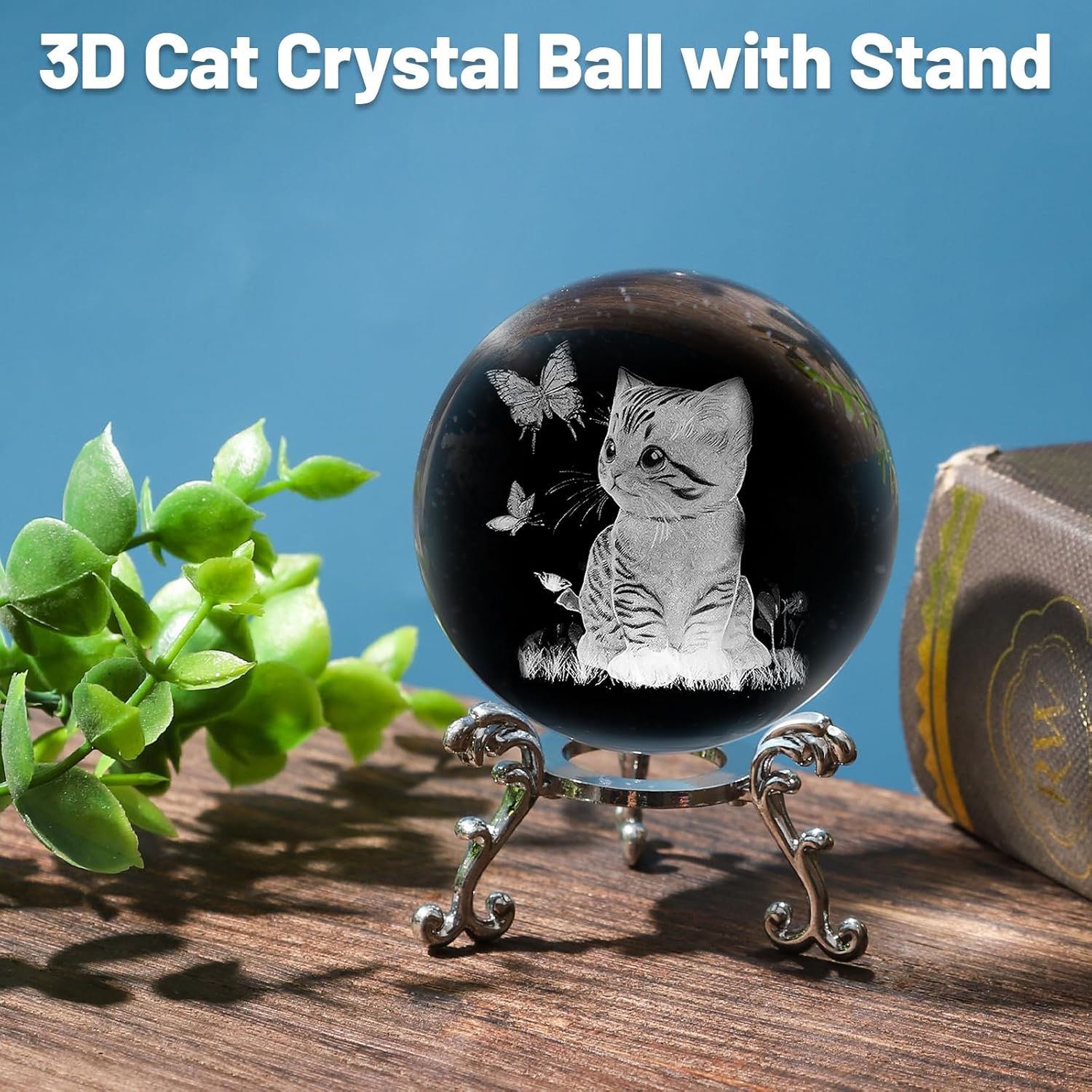 Lase engraved glass cat crystal ball with stand, decorative paperweight featuring intricate cat design, ideal gift or home decor.
