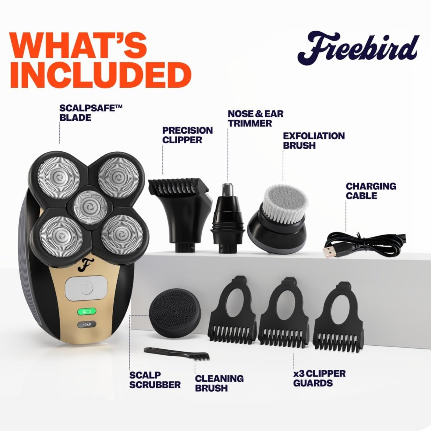 Freebird FlexSeries electric hair shaver for head and body, cordless rechargeable men's grooming device with ergonomic design