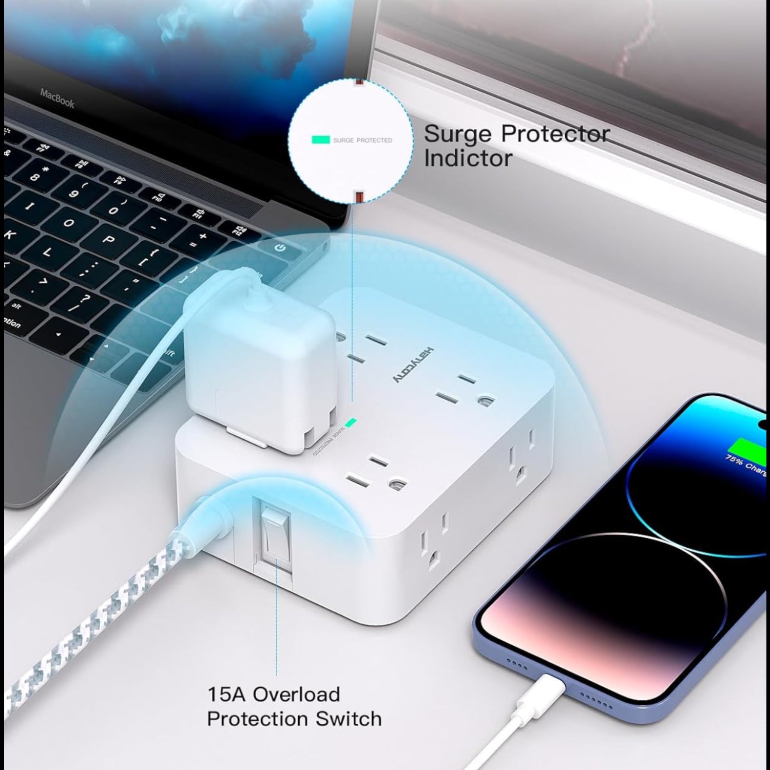 HANYCONY surge protector power strip with 8 outlets and 4 USB charging ports, including 2 USB-C ports, on a sleek black design.