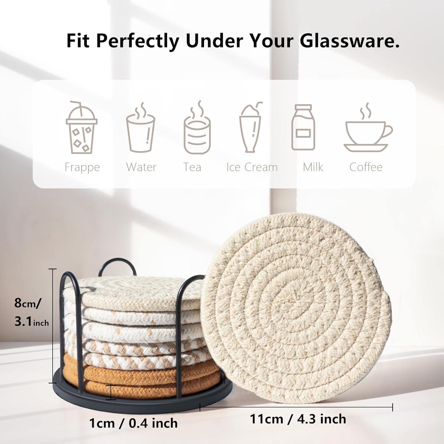 Set of 8 cotton woven drink coasters in four colors, absorbent beer and coffee coaster set by Lazebox.