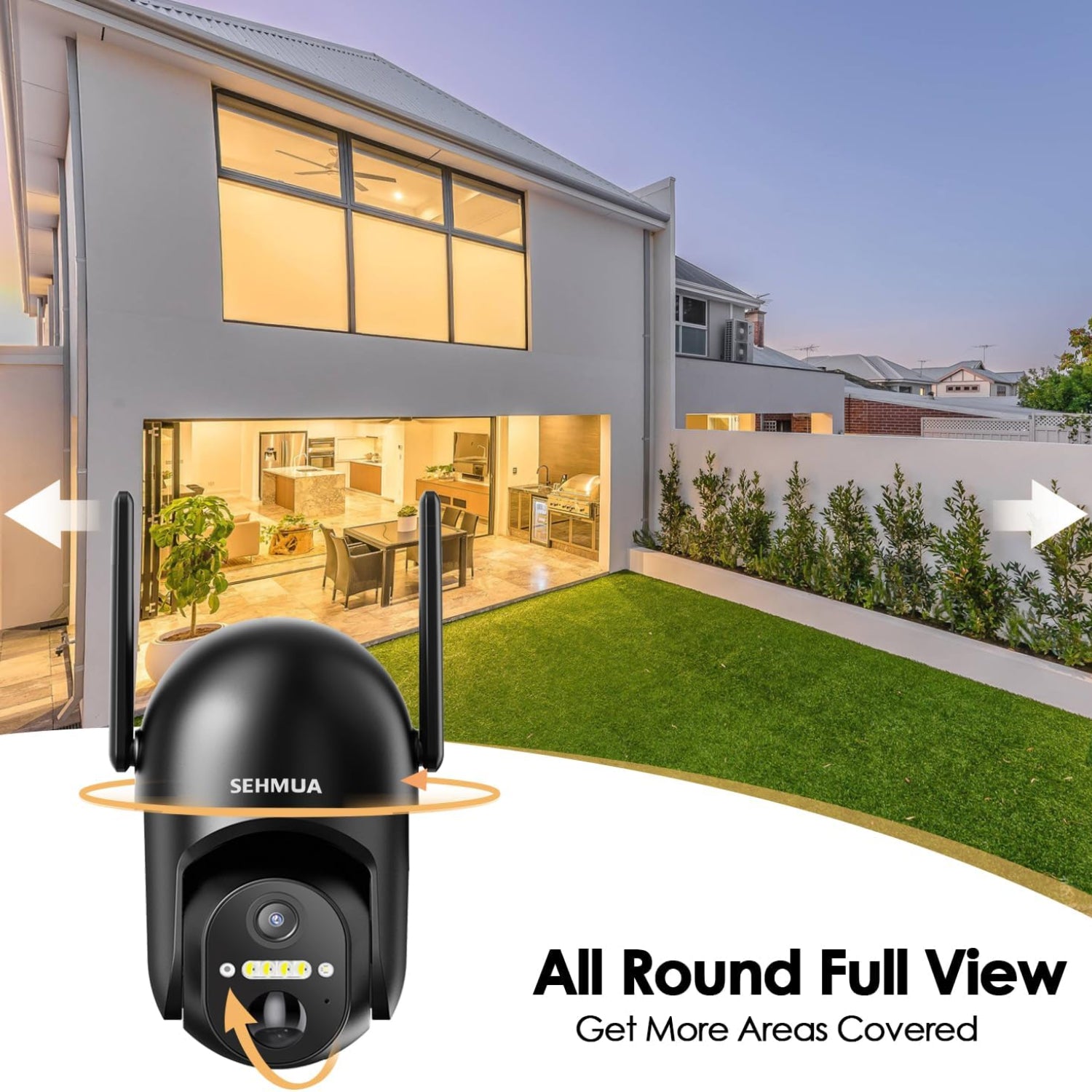 SEHMUA wireless outdoor solar security camera with 2K resolution and 360° view, battery-powered and mounted outdoors.
