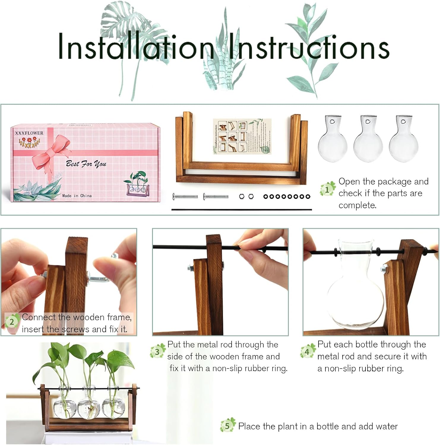 XXXFLOWER Plant Terrarium with Wooden Stand, Air Planter Bulb Glass Vase Metal