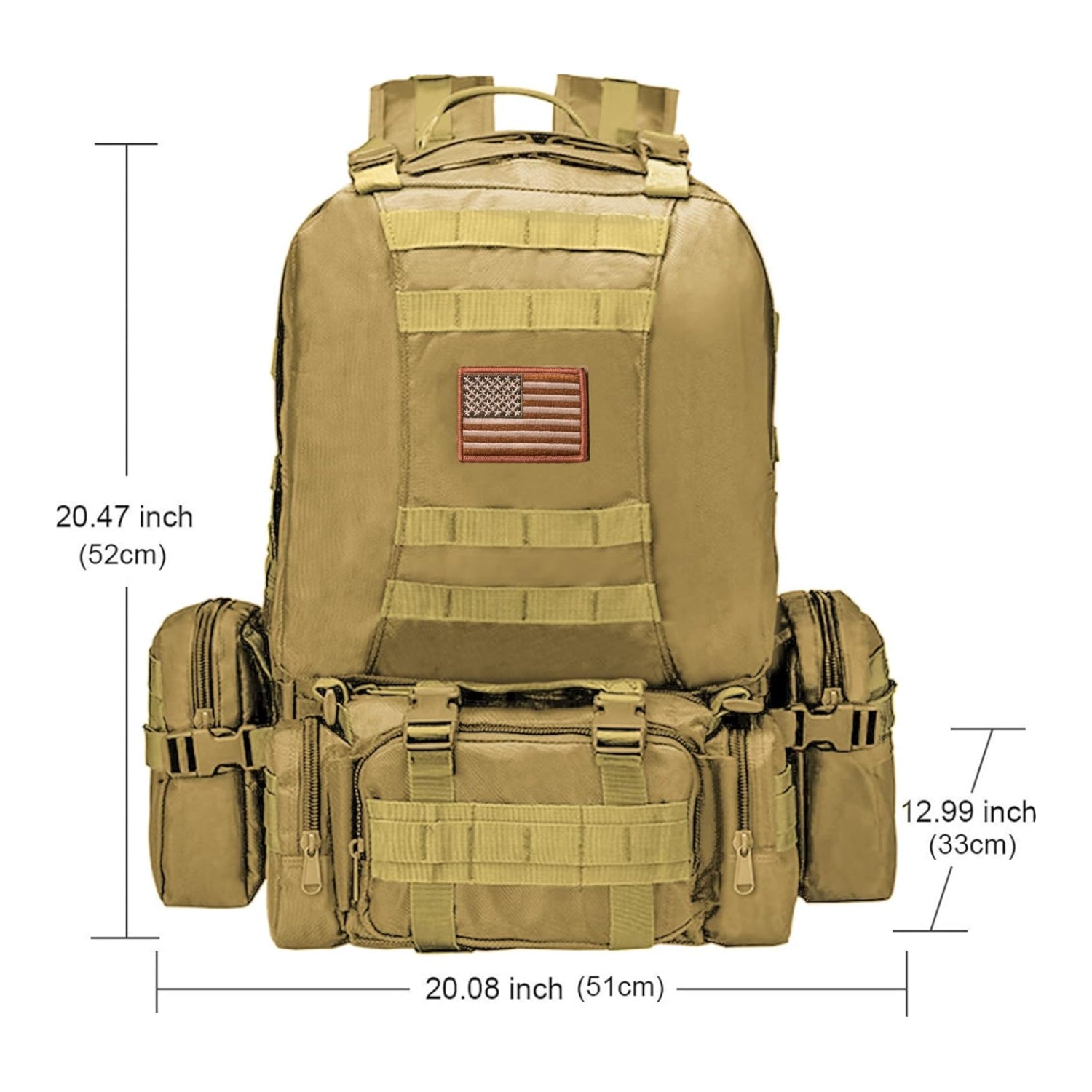 Tan tactical backpack with American flag patch and measurements on a white background