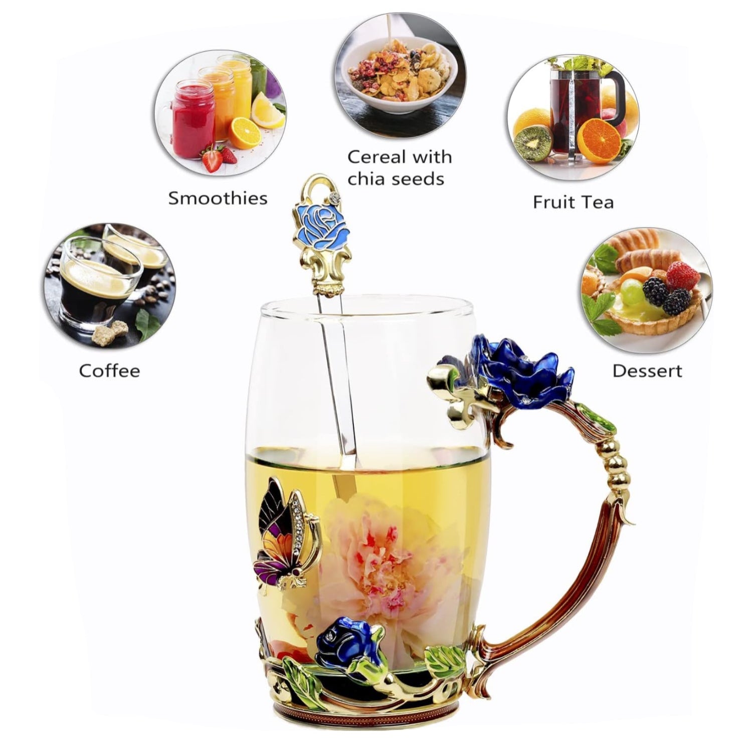DUMVOIN glass tea cup set with elegant handles, perfect for coffee, tea, or special occasions like birthdays and holidays.