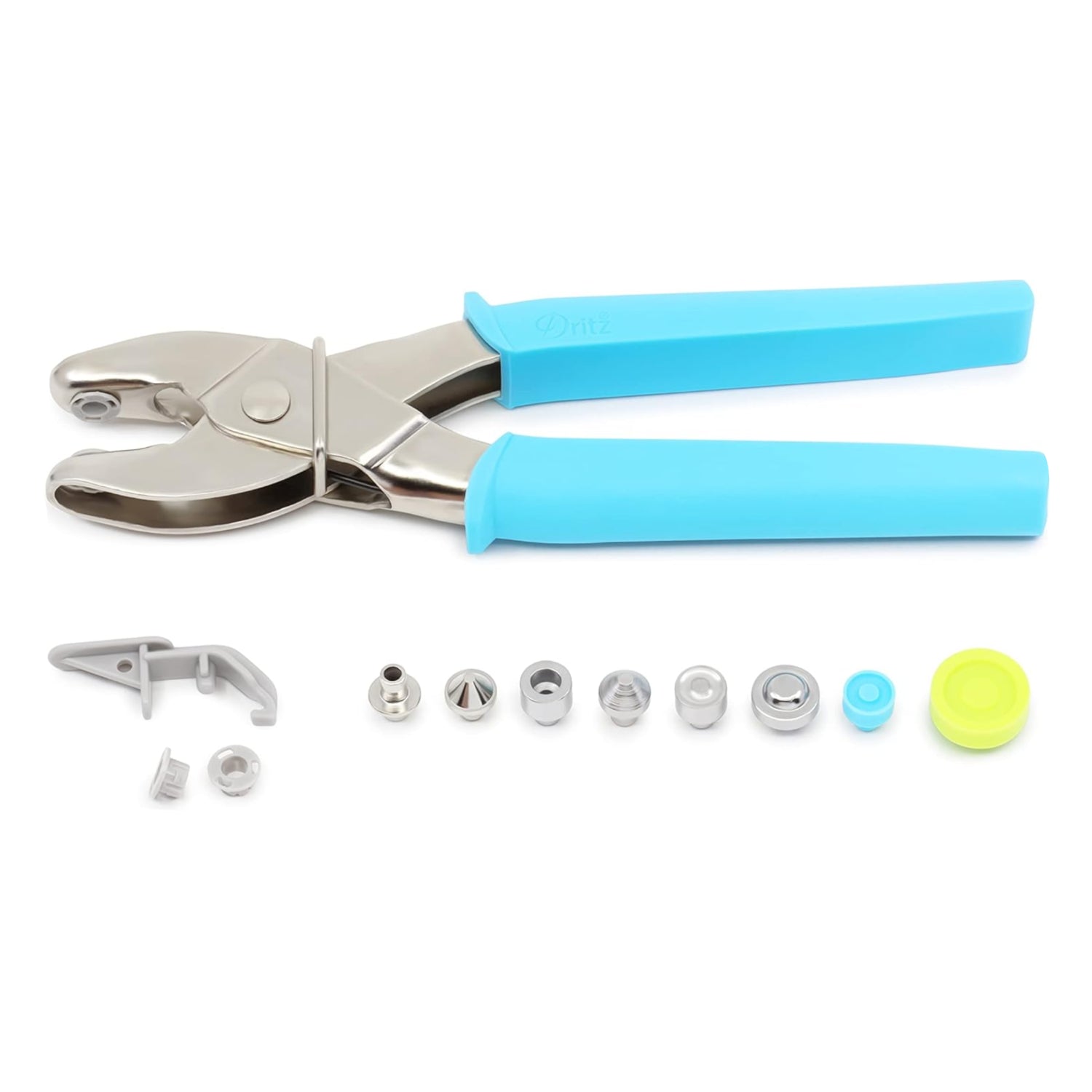 Dritz turquoise eyelet pliers for 5/32" and 1/4" eyelets, showing the tool with eyelets ready for use.