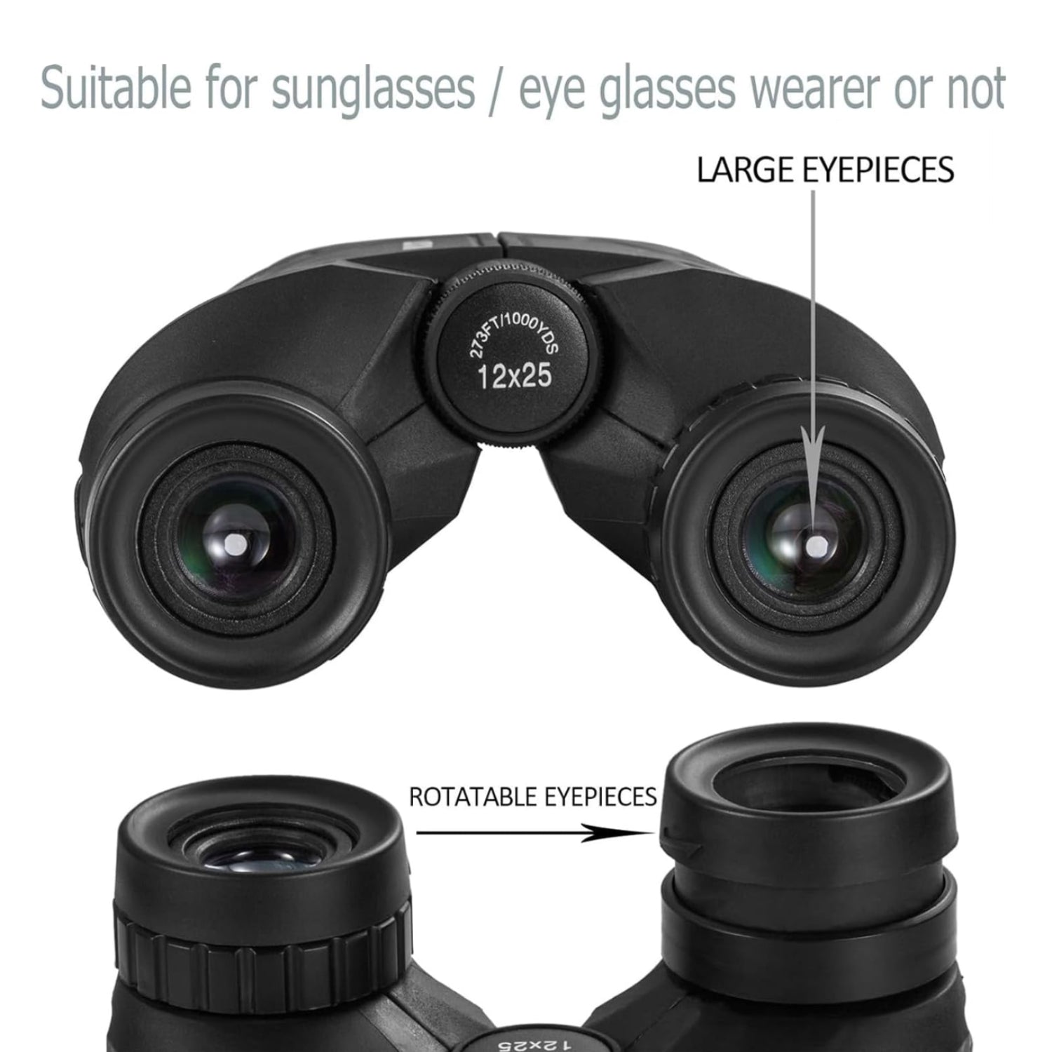 Occer 12x25 compact binoculars with large eyepiece, suitable for adults and kids, shown in a close-up outdoor setting.