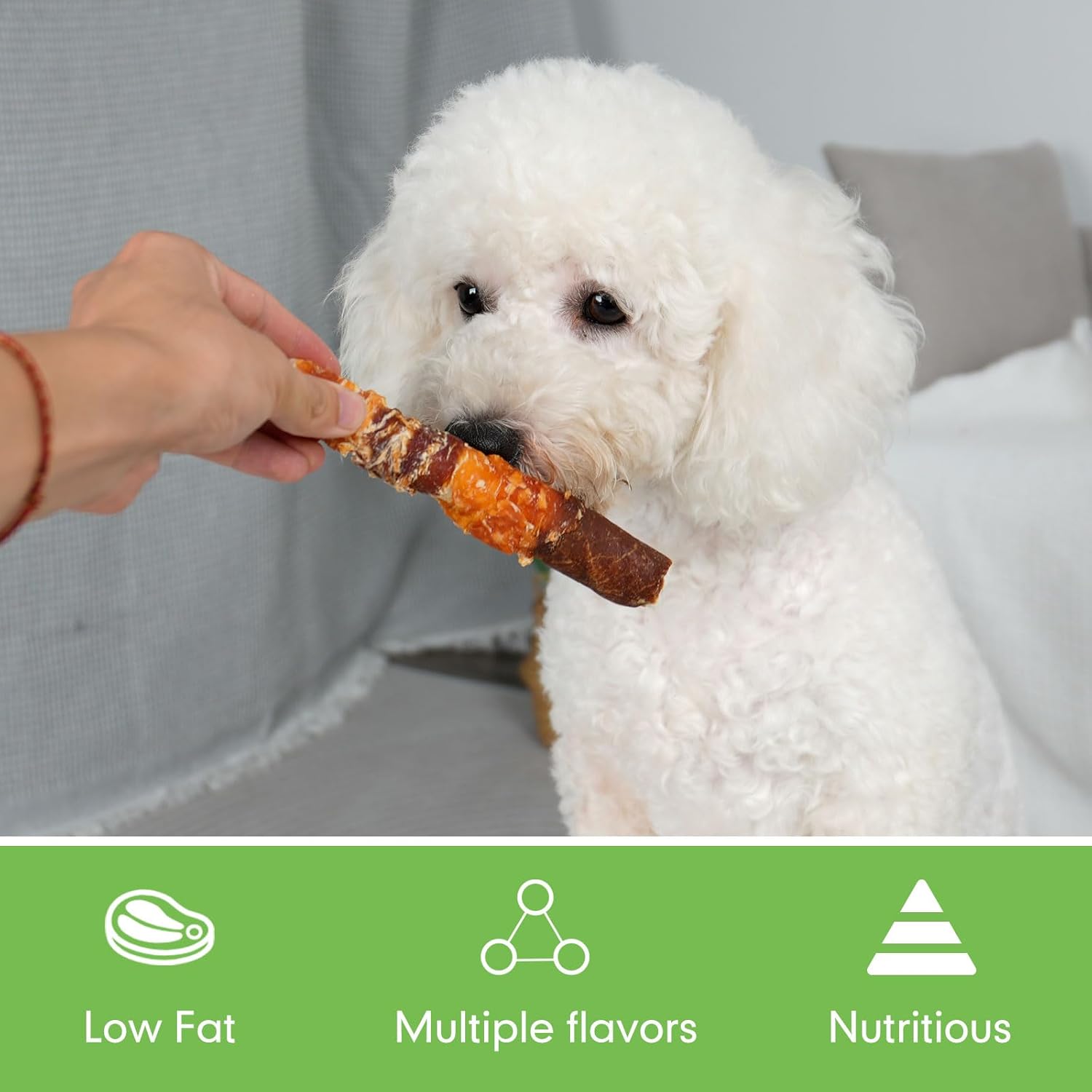 MON2SUN Dog Treats Triple Flavor chicken, liver, and duck wrapped in a 6-inch dog treat showing the colorful, flavorful treat.