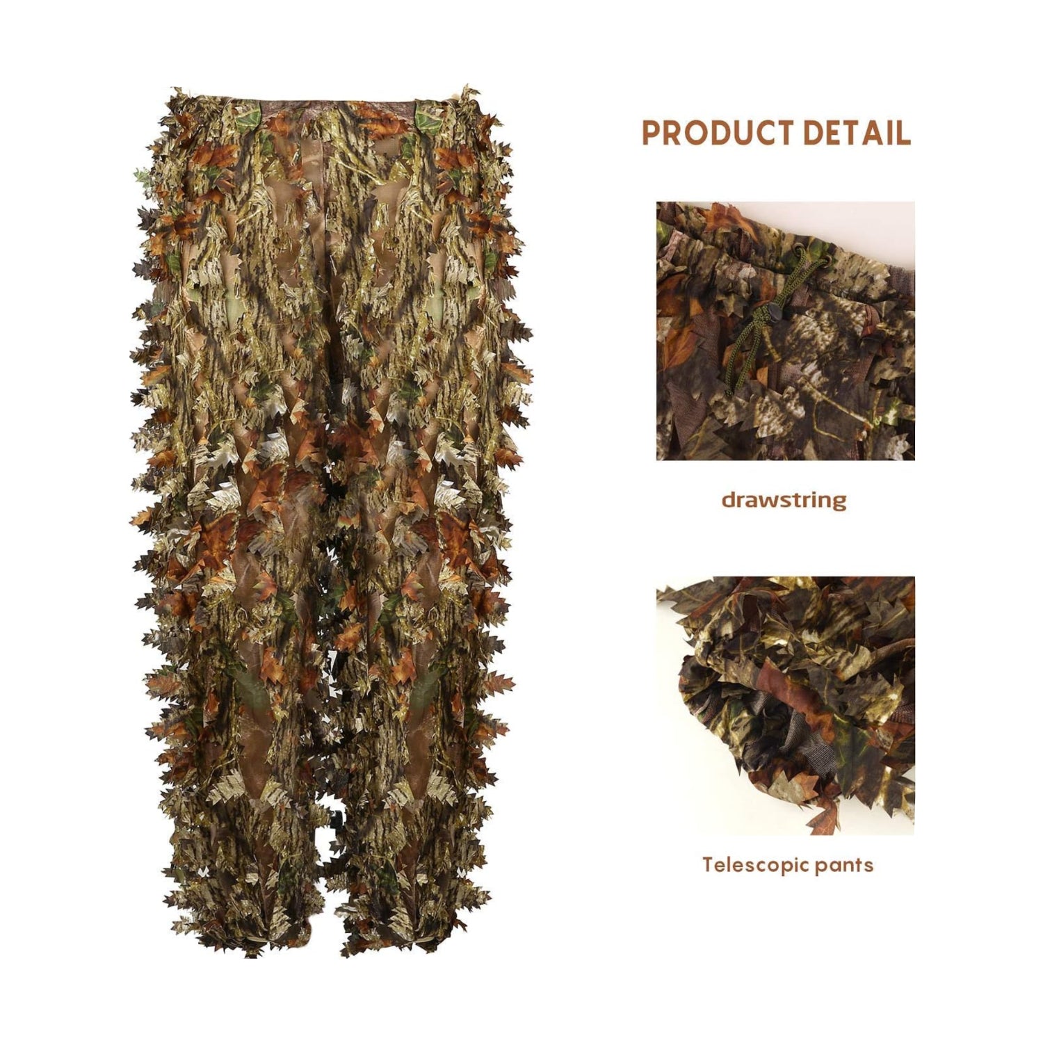 EAmber ghillie suit with 3D leaf camo pants, designed for hunting, fits heights 5.9 to 6.3 feet, natural woodland camouflage pattern