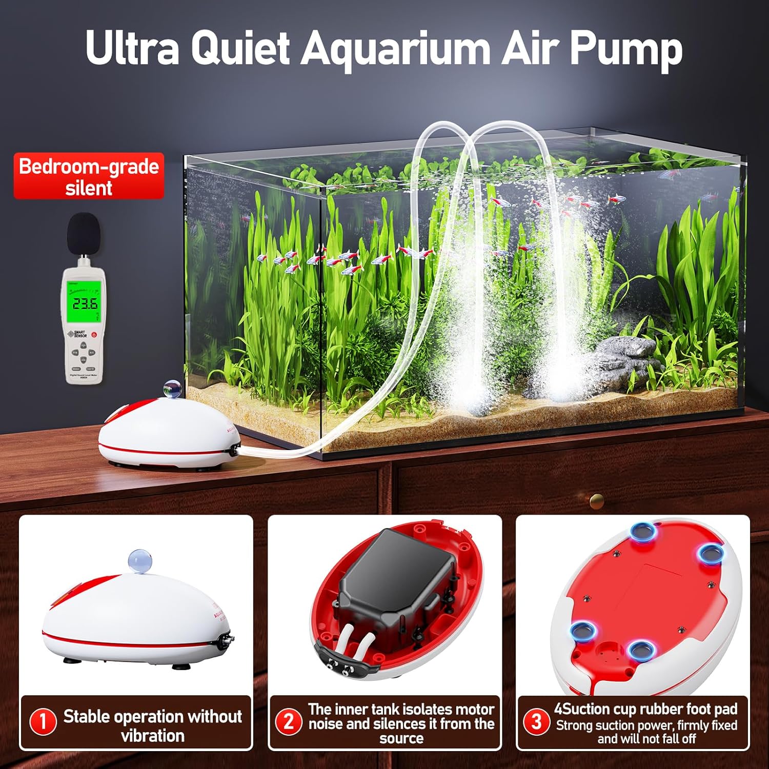 AQUASMITH 5W Ultra Quiet Aquarium Air Pump with adjustable flow, compact design, and aerator for freshwater or saltwater tanks.