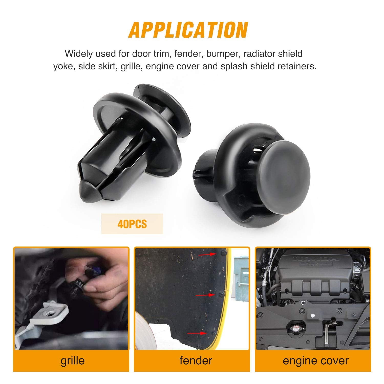 Set of 40 GOOACC Honda and Acura Fender Clips GRC-08, 10mm size, designed for vehicle fender panel retention.