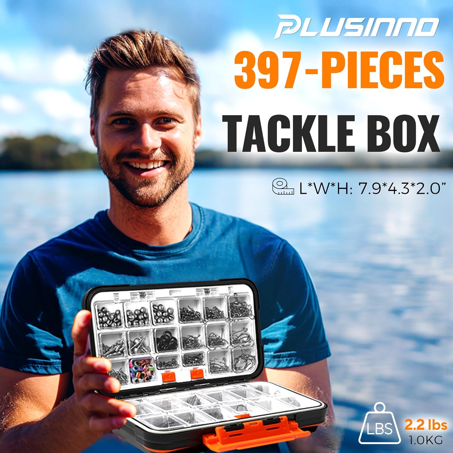 PLUSINNO fishing accessories kit with organized tackle box, includes 264/397 fishing tackle items for angling.