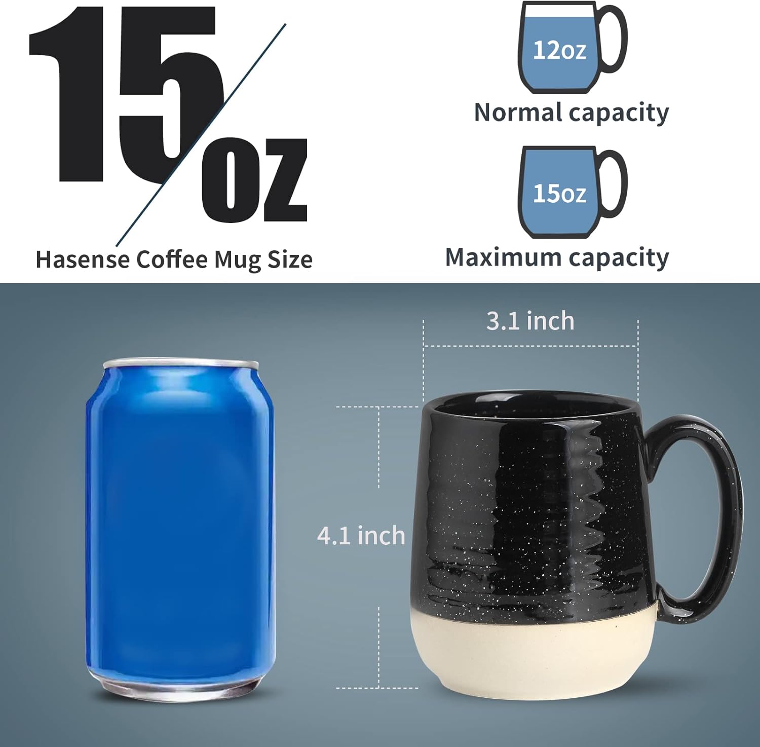 Set of four HASENSE 15-ounce ceramic coffee mugs with handles, porcelain cups for hot beverages.