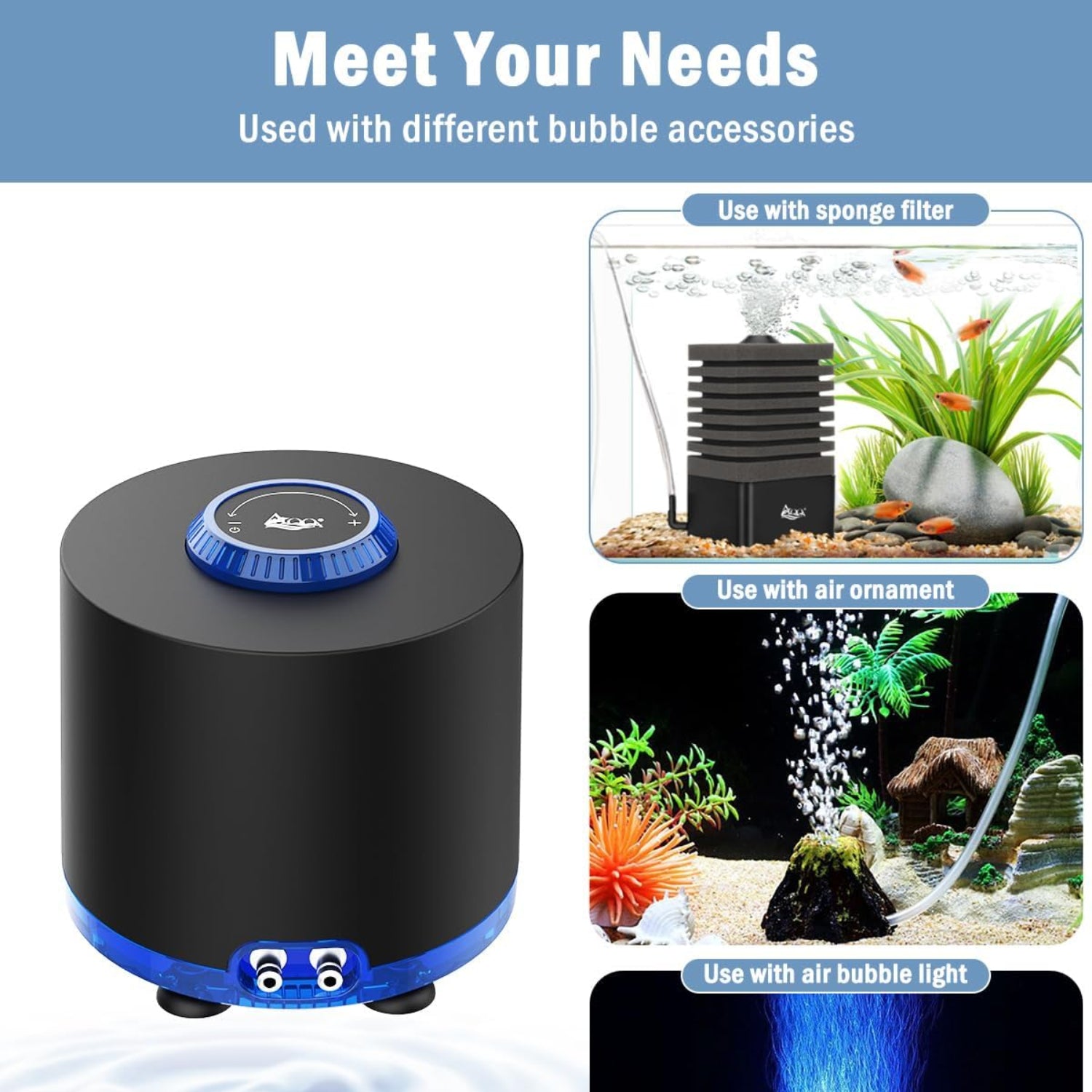AQQA aquarium air pump displaying the compact, quiet fish tank air pump with 3W, 6W, and 10W power options.