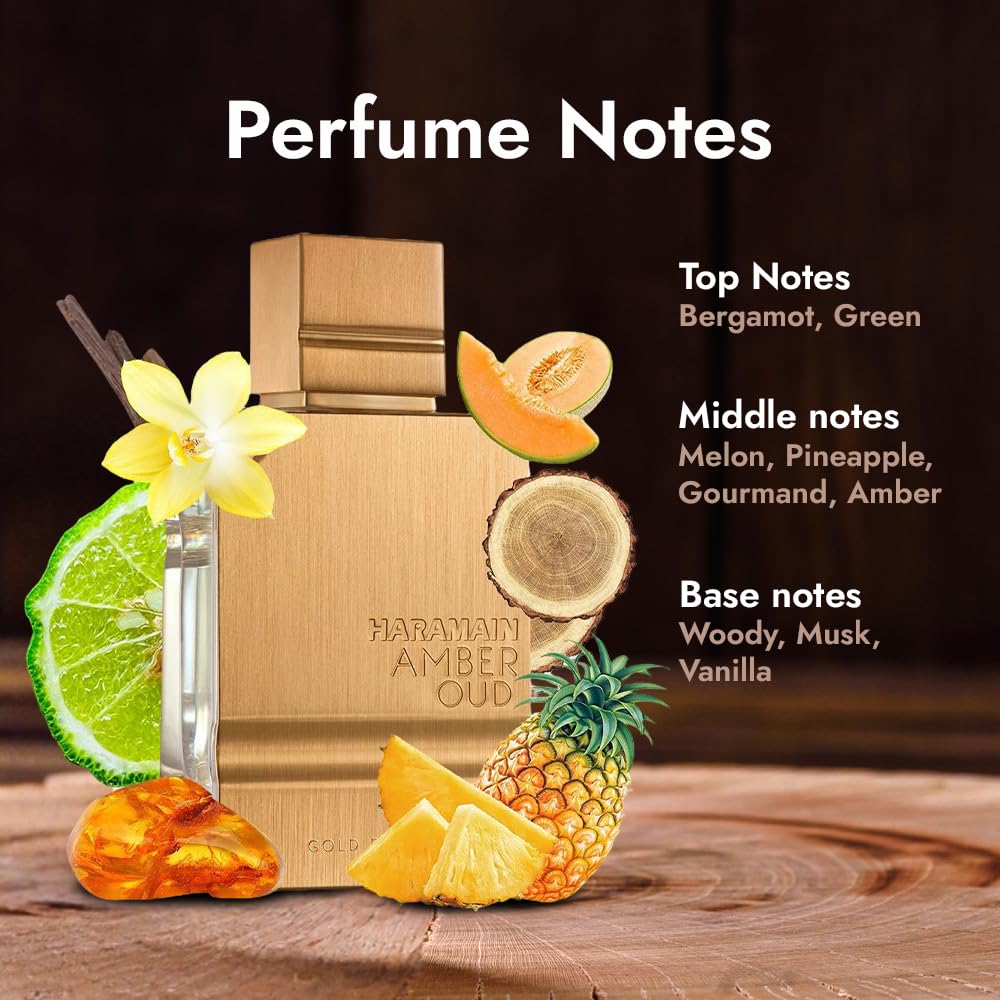 Al Haramain Amber Oud Gold Edition perfume bottle with gold accents, unisex Arabian fragrance for women and men.