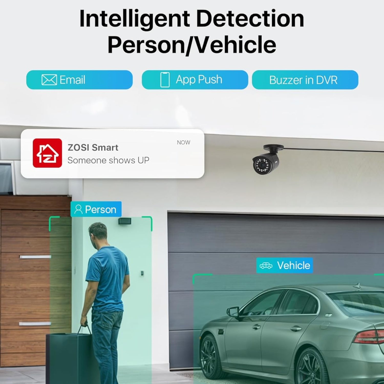 ZOSI 3K Lite security camera system with indoor outdoor setup, AI human/vehicle detection, and night vision capabilities.