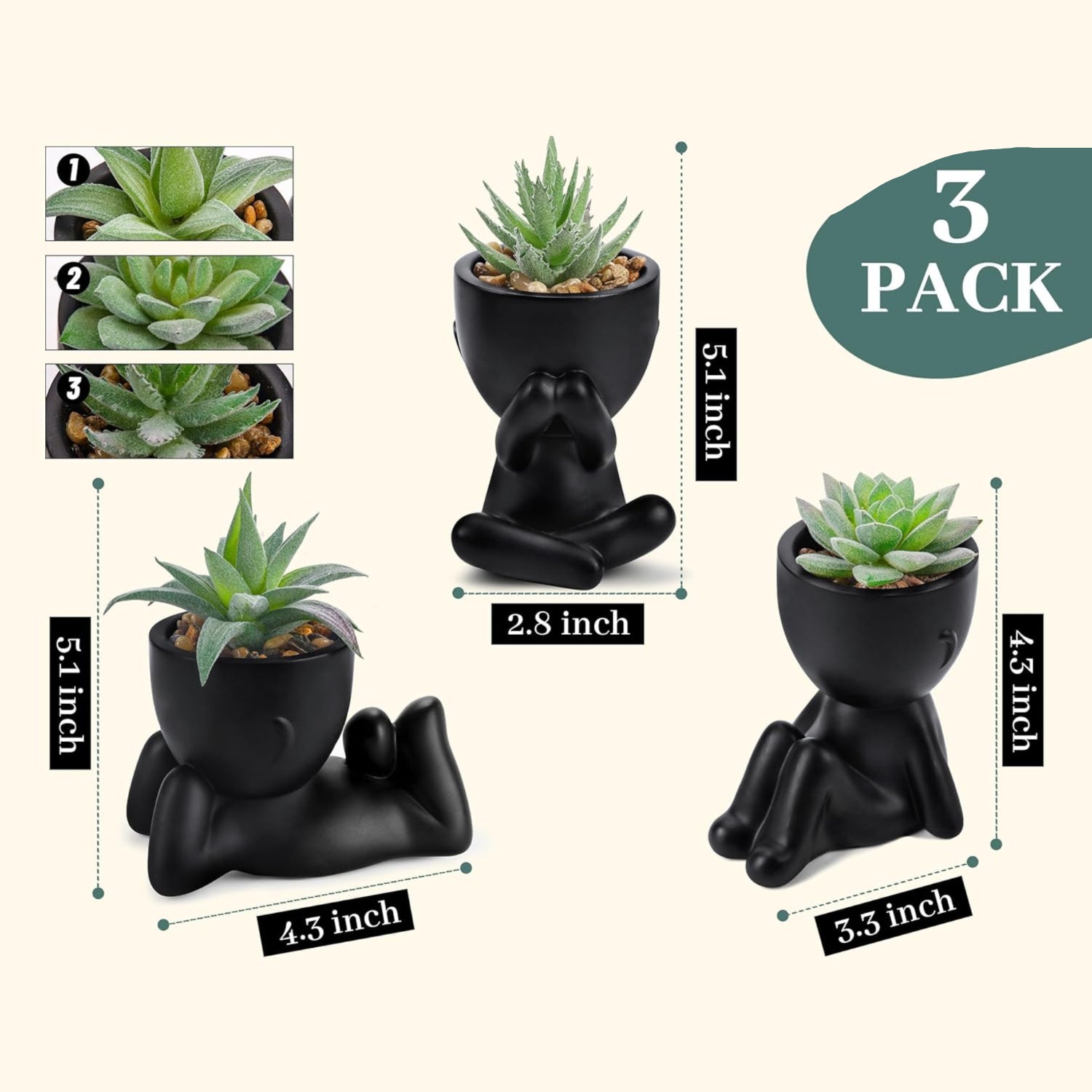 Set of three artificial succulent plants from Der Rose, ideal for black bathrooms and bedrooms, showcasing realistic green foliage.