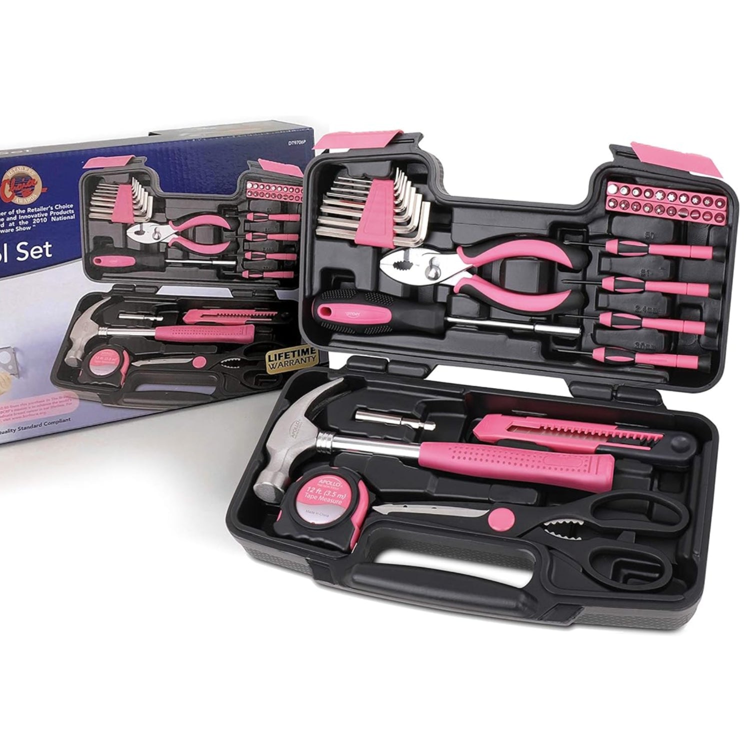 Apollo Tools 39-piece general household tool set in a plastic toolbox with screwdrivers, pliers, hammers, and wrenches.