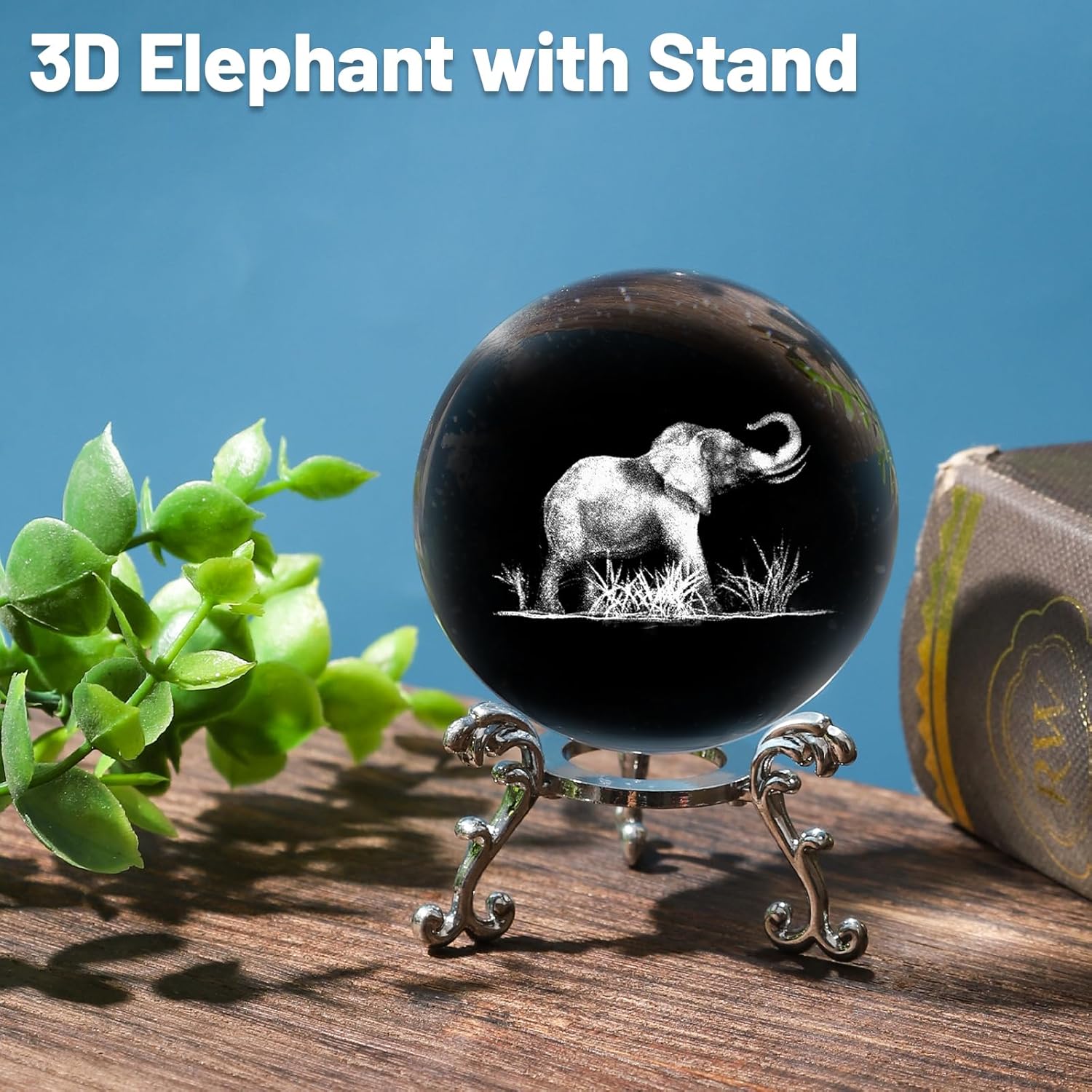 Lase engraved 3D elephant crystal ball with stand, decorative glass paperweight featuring detailed elephant design.