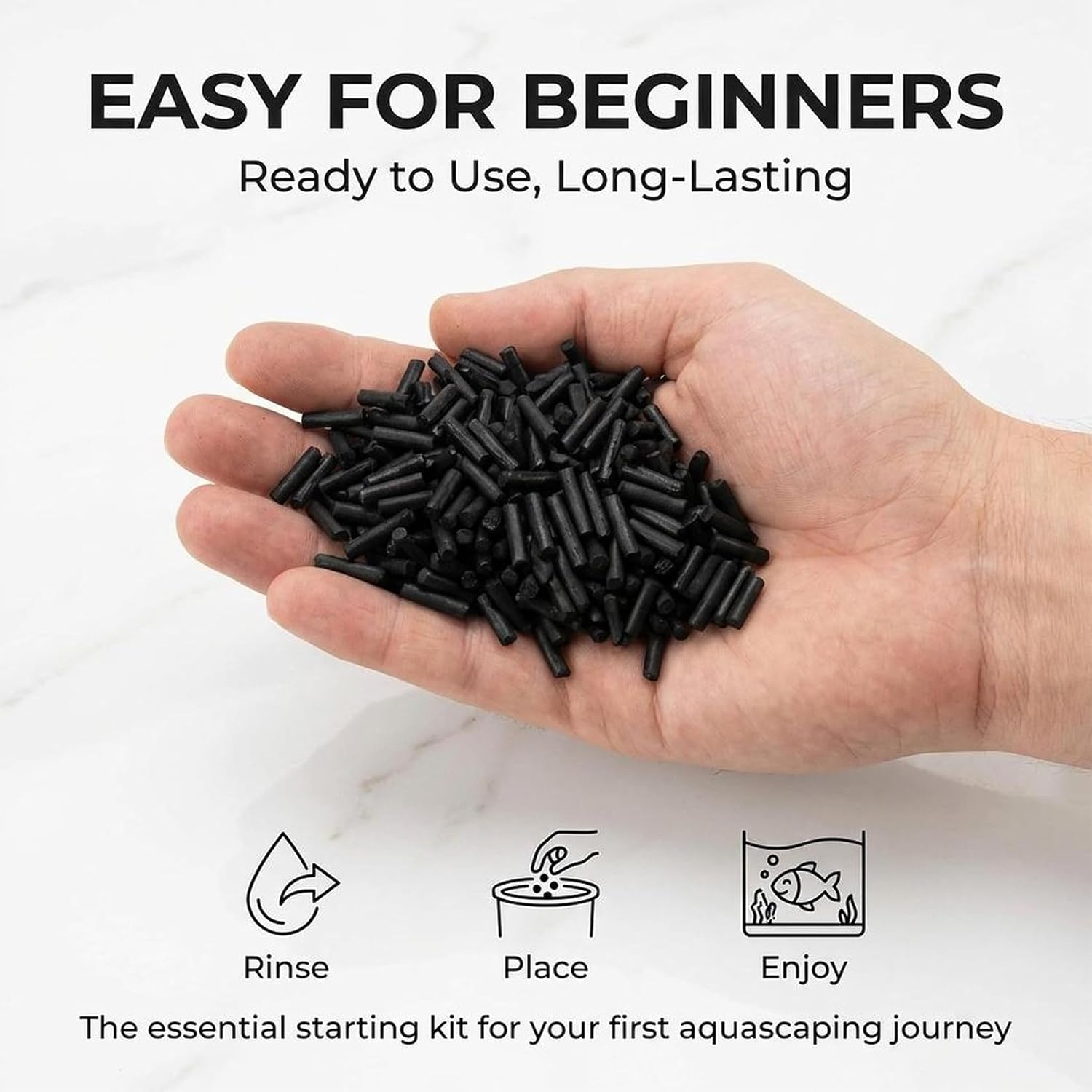 Sukh 310g acid-free activated carbon pellets for filtration, shown in a clear container with black activated charcoal pellets.