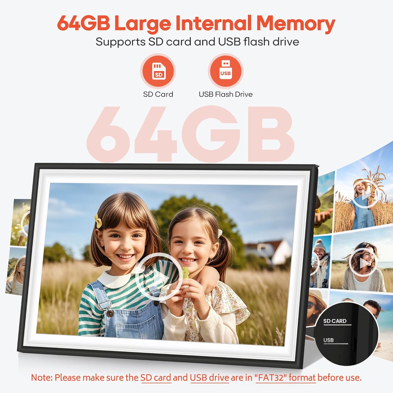 BIGASUO 15.6-inch WiFi digital picture frame displaying a slideshow of family photos with a sleek black frame.