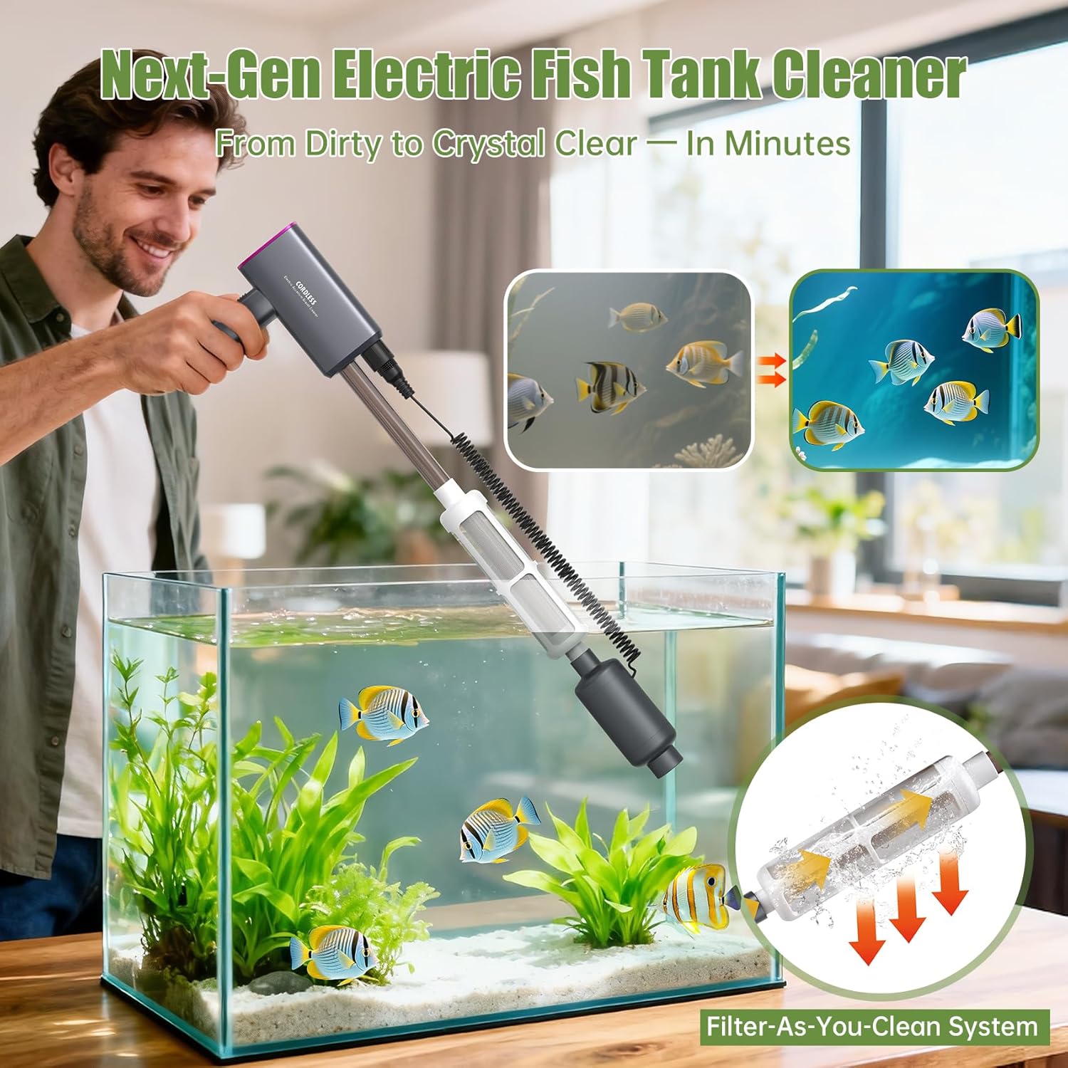HACPUT cordless aquarium gravel cleaner vacuum, 6-in-1 electric fish tank cleaner with hose and attachments, for easy tank maintenance