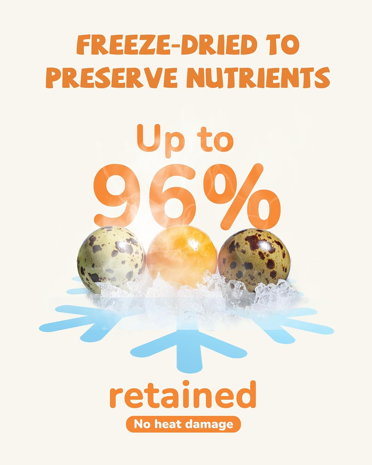 PAWUP Freeze Dried Quail Egg Yolk Pet Treats for dogs and cats, rawhide free, 4.2 oz, showing golden egg yolk treats.