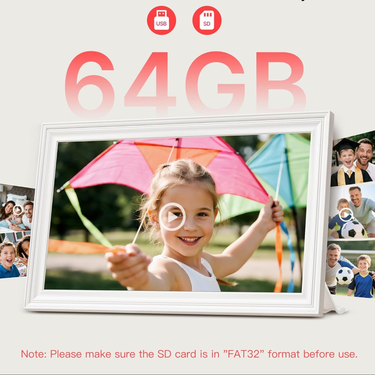 BIGASUO 15.6-inch digital picture frame with Frameo software, showing a slideshow of colorful family photos on a sleek electronic display.