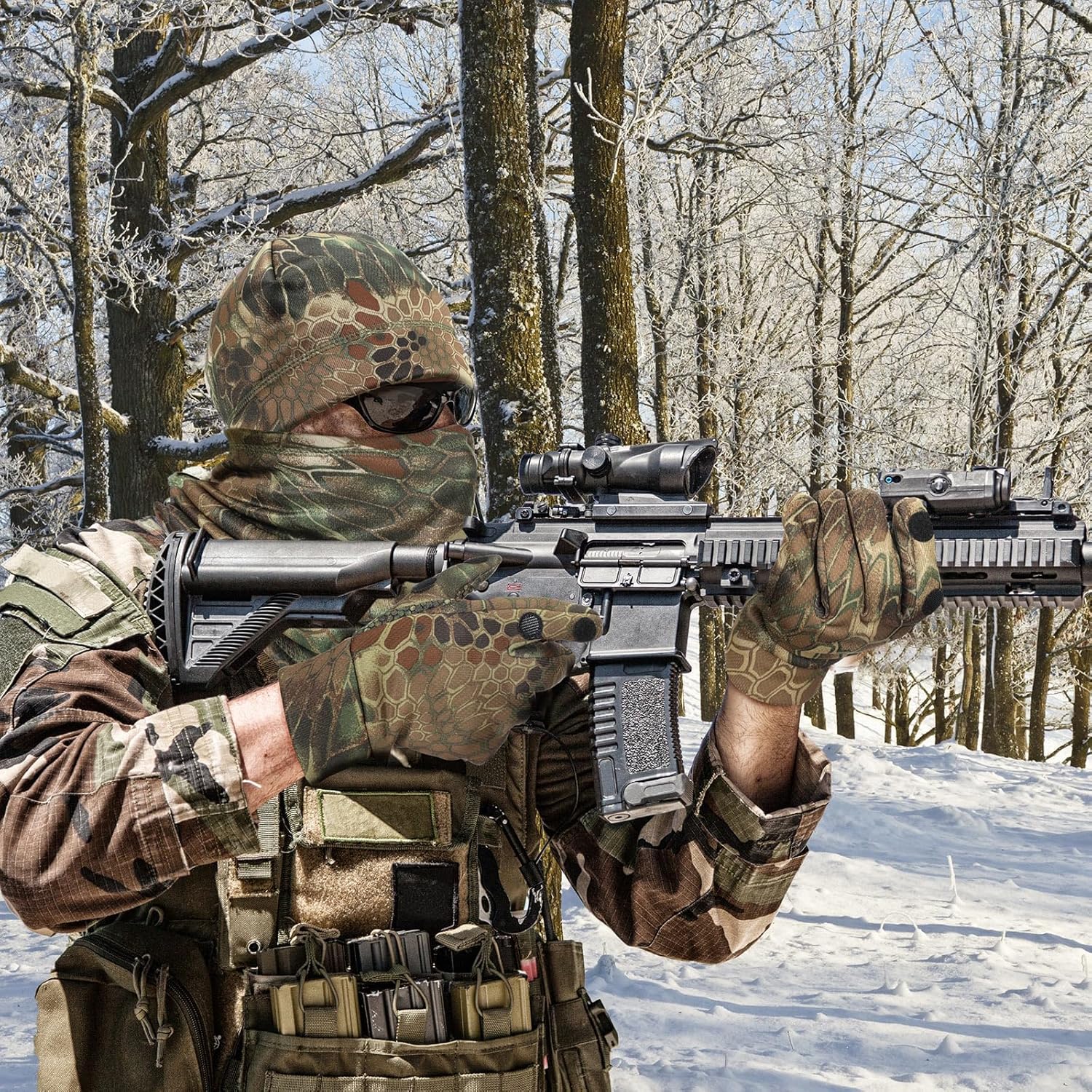 Janmercy 3-piece camo hunting gloves, beanie, and neck gaiter set for men and women, shown in camouflage fabric.