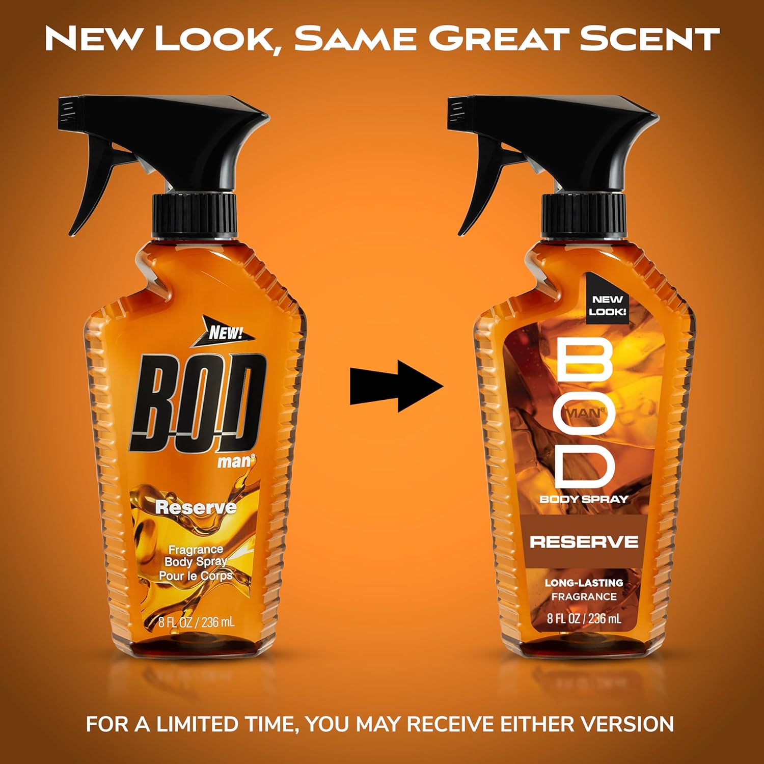 BOD Man Reserve fragrance body spray bottle, 8 fl oz, with sleek design and label, for men’s scent.
