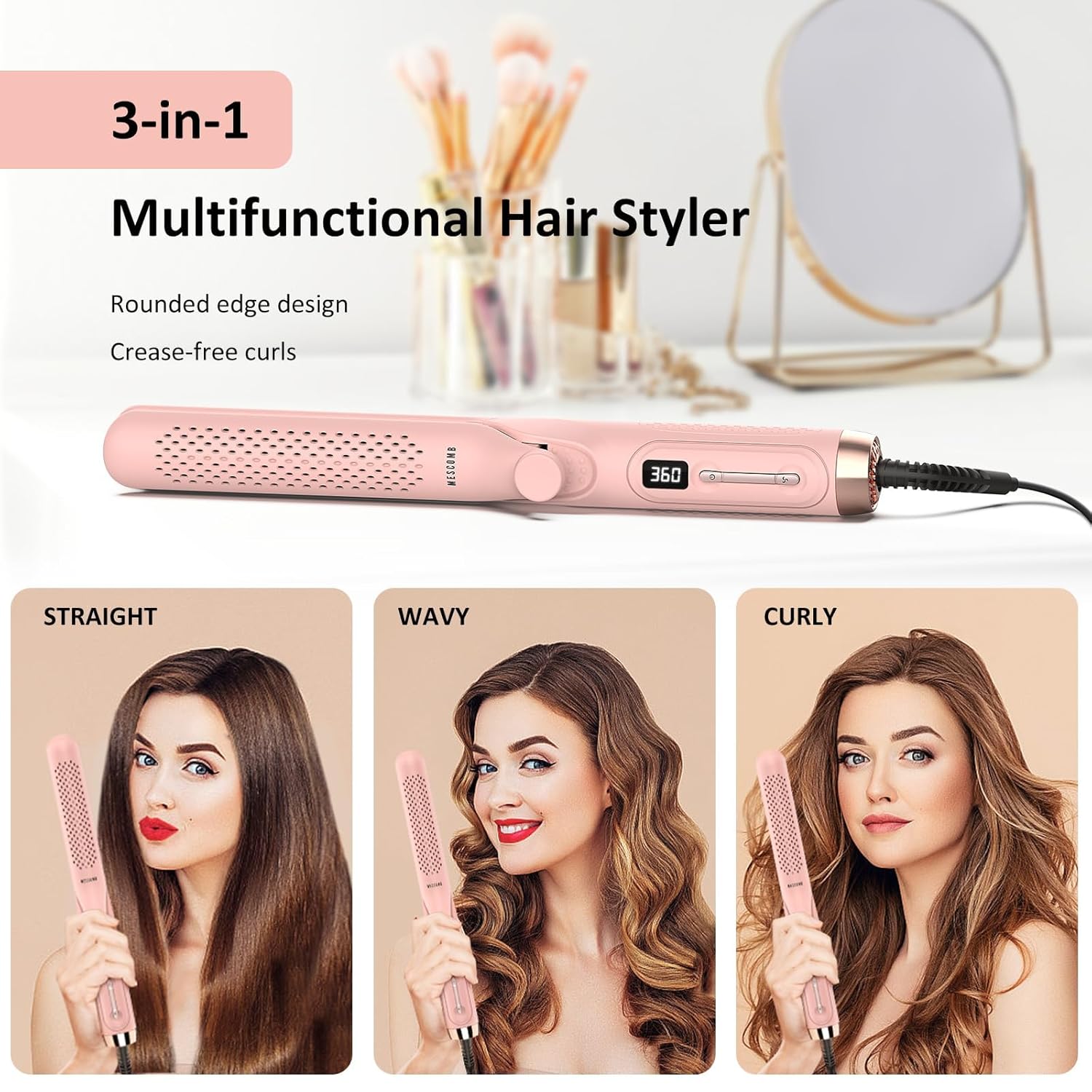 MESCOMB 360° Airflow Styler curling iron and hair straightener, 1.25-inch dual-function hair curling and straightening tool