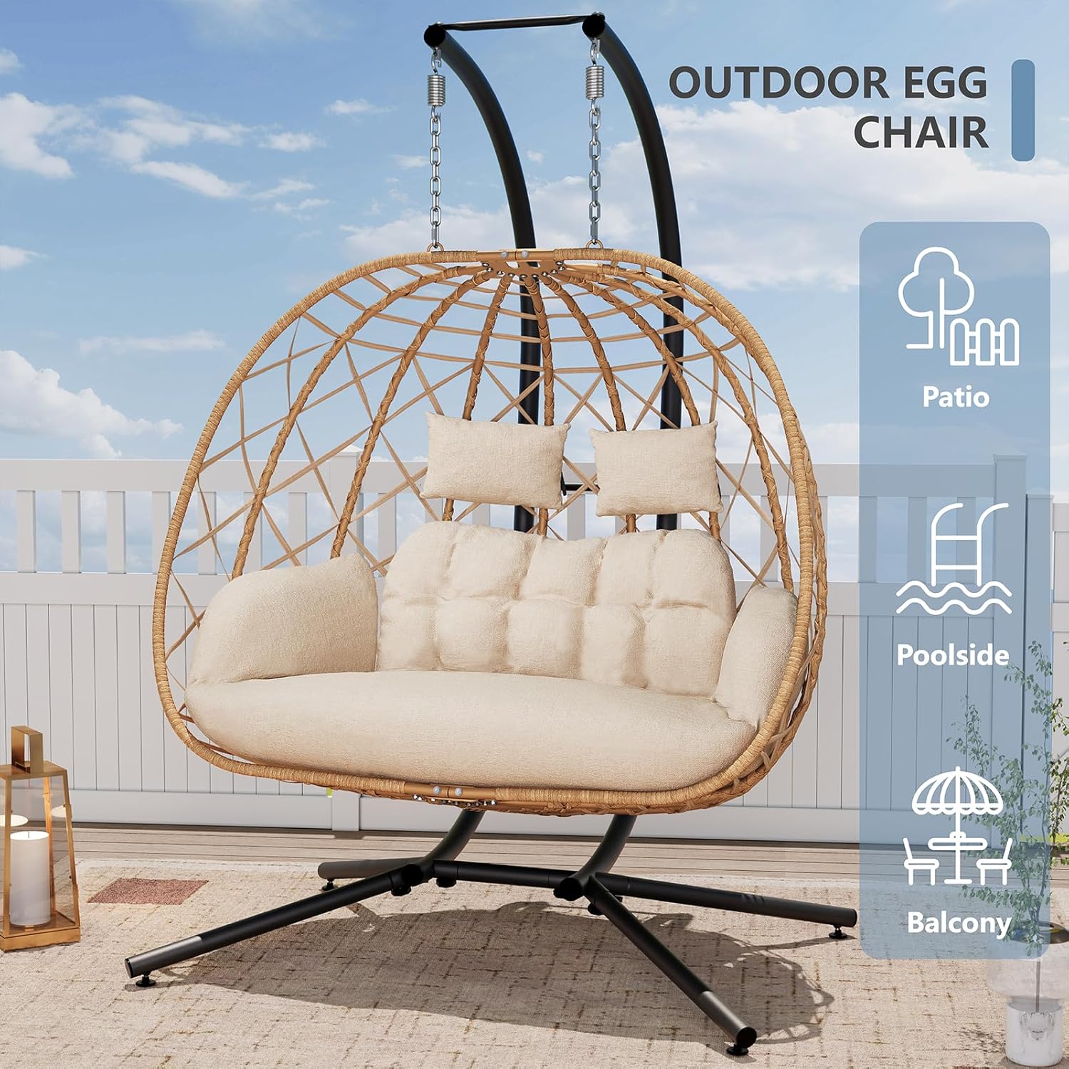 SWITTE double egg swing chair with stand, two-person outdoor and indoor hammock, featuring a cozy, woven design for relaxing seating.