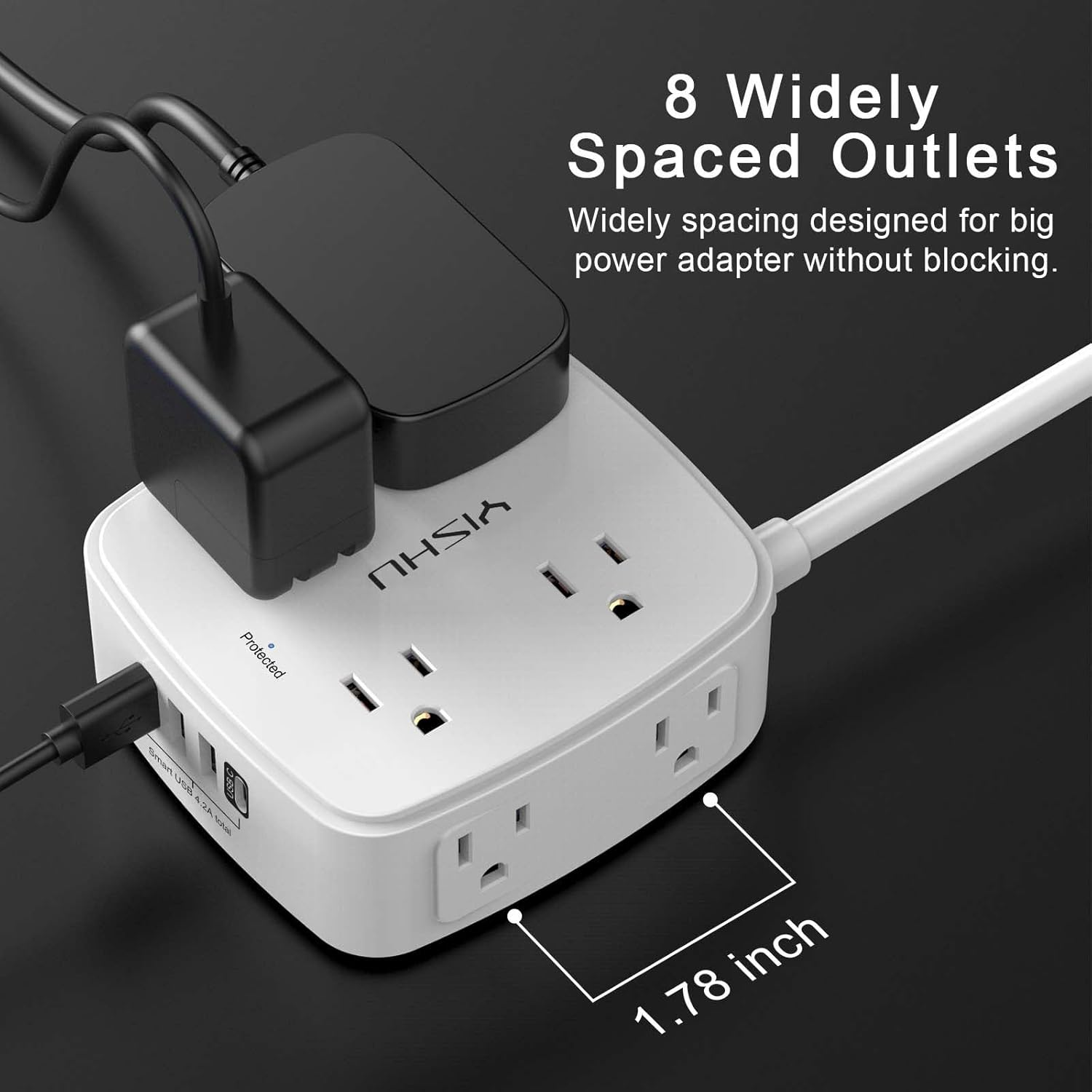 6 Ft Surge Protector Power Strip - 8 Widely Outlets with 4 USB Ports, 3 Side Outlet