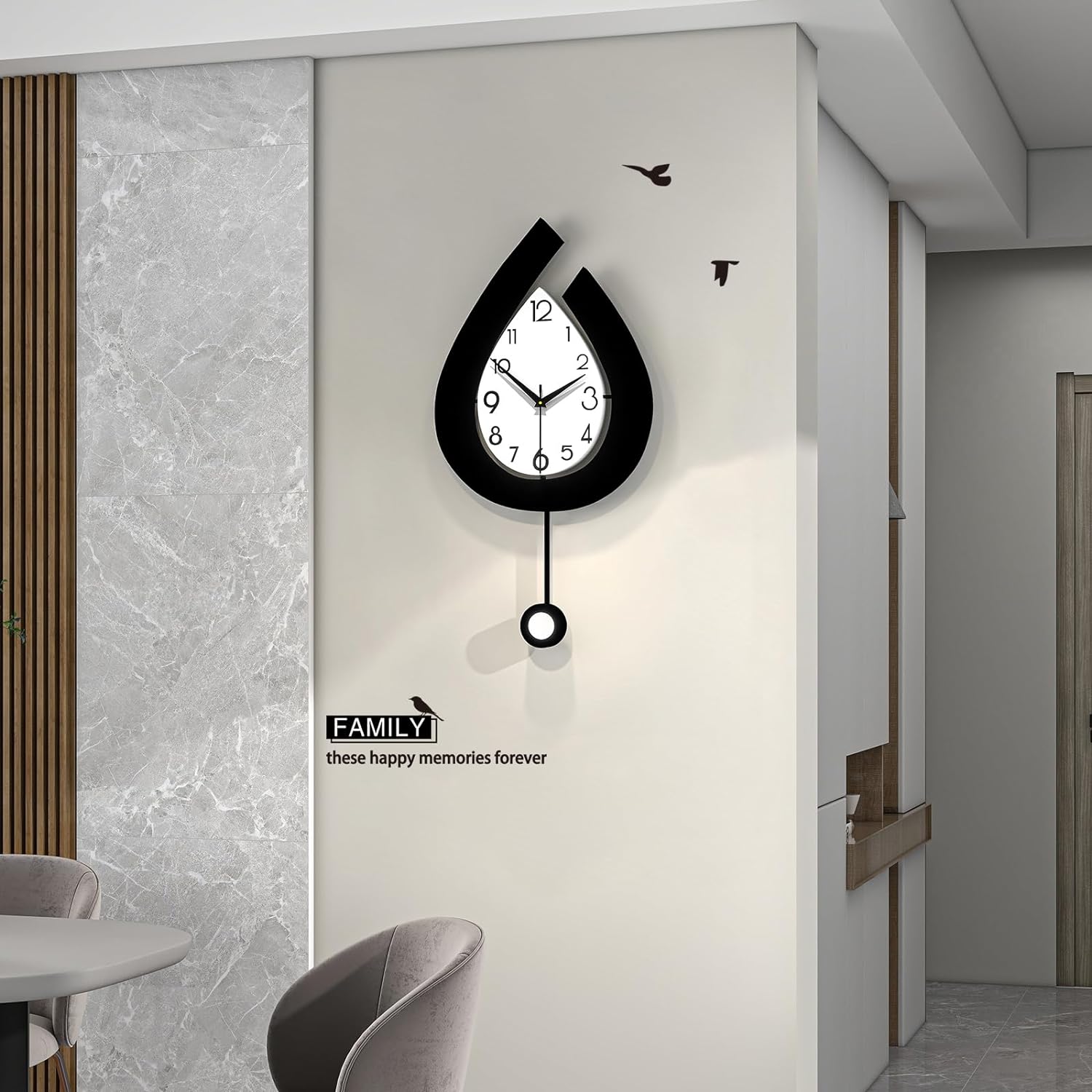 YIJIDECOR large modern decorative wall clock with pendulum, stylish living room decor, featuring a sleek design and clear clock face.