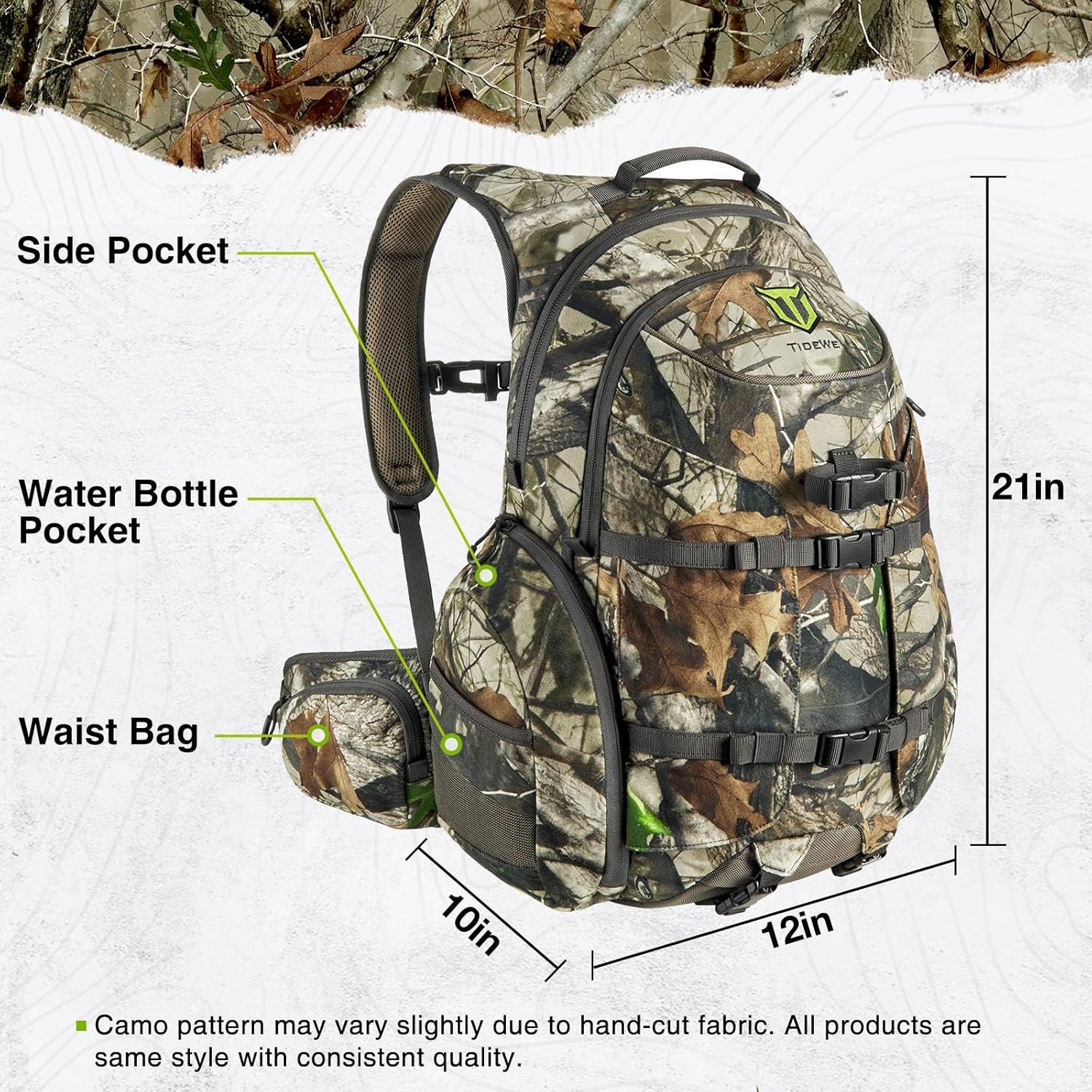 TIDEWE waterproof camo hunting backpack with rain cover, featuring multiple compartments and adjustable straps for outdoor adventures.