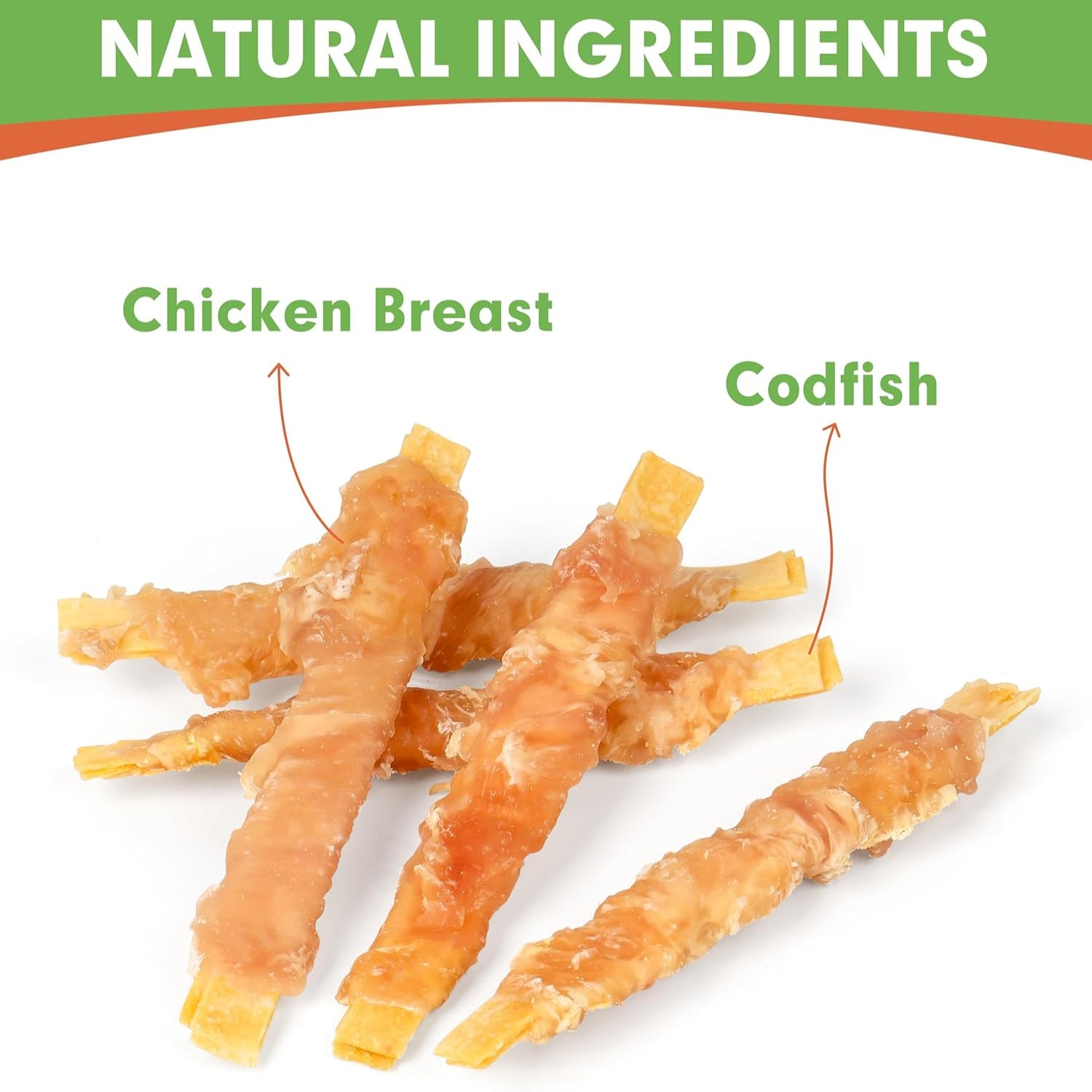 MON2SUN rawhide-free dog treats featuring 4-inch chicken-wrapped cod fillet snacks on a white background.