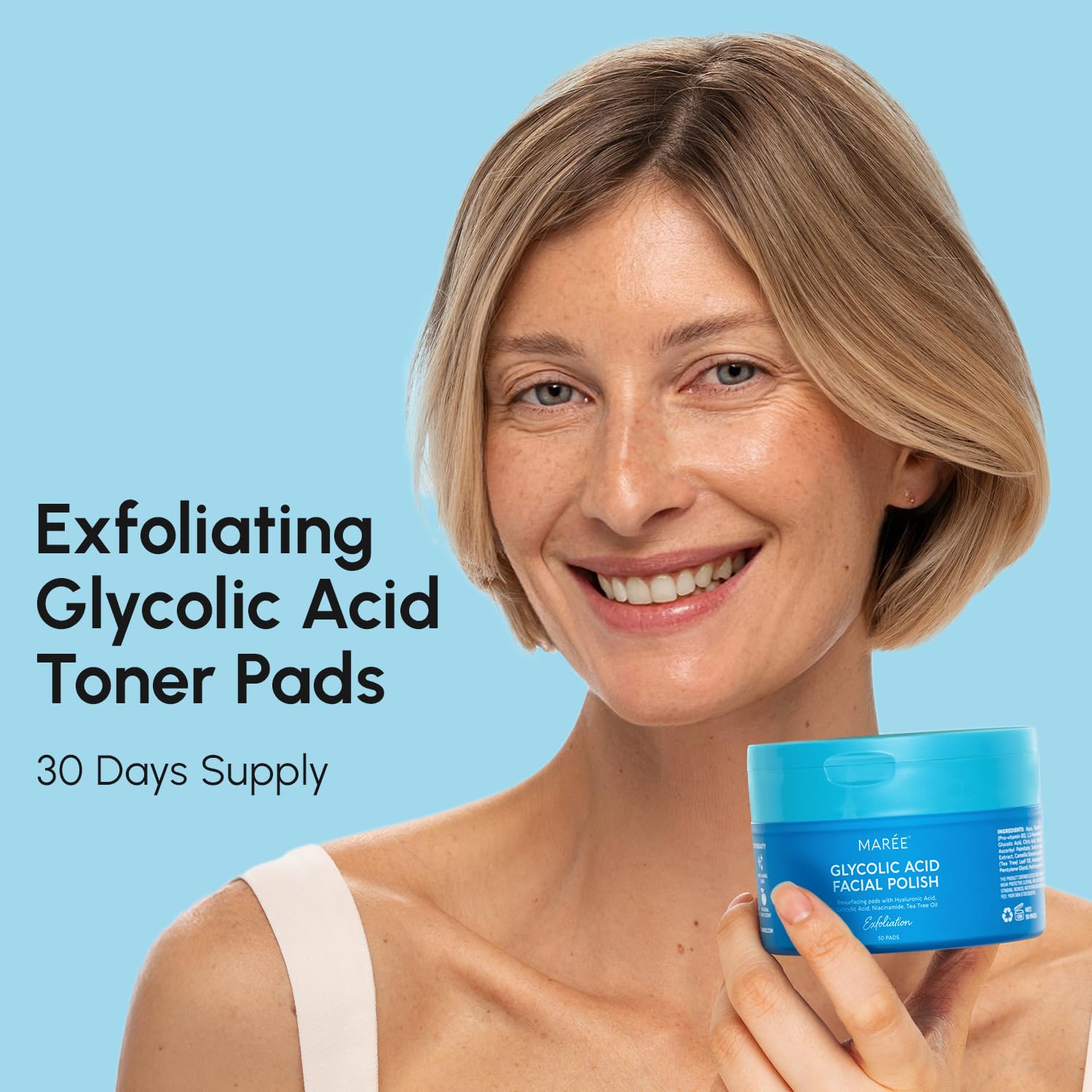 Woman holding a jar of exfoliating glycolic acid toner pads with text on a blue background